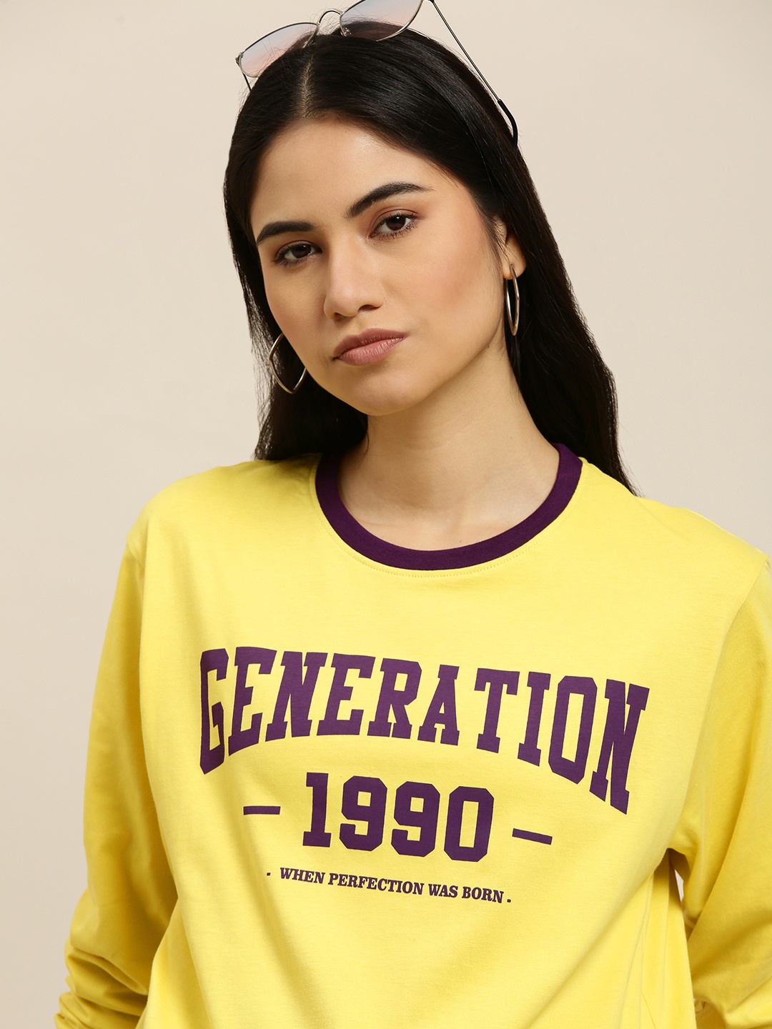 

DILLINGER Women Yellow & Purple Typography Printed Oversized T-shirt