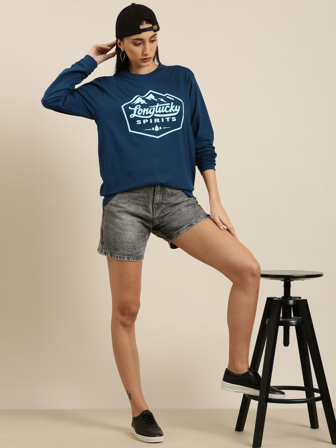 

DILLINGER Women Navy Blue Typography Printed Pure Cotton Oversized T-shirt