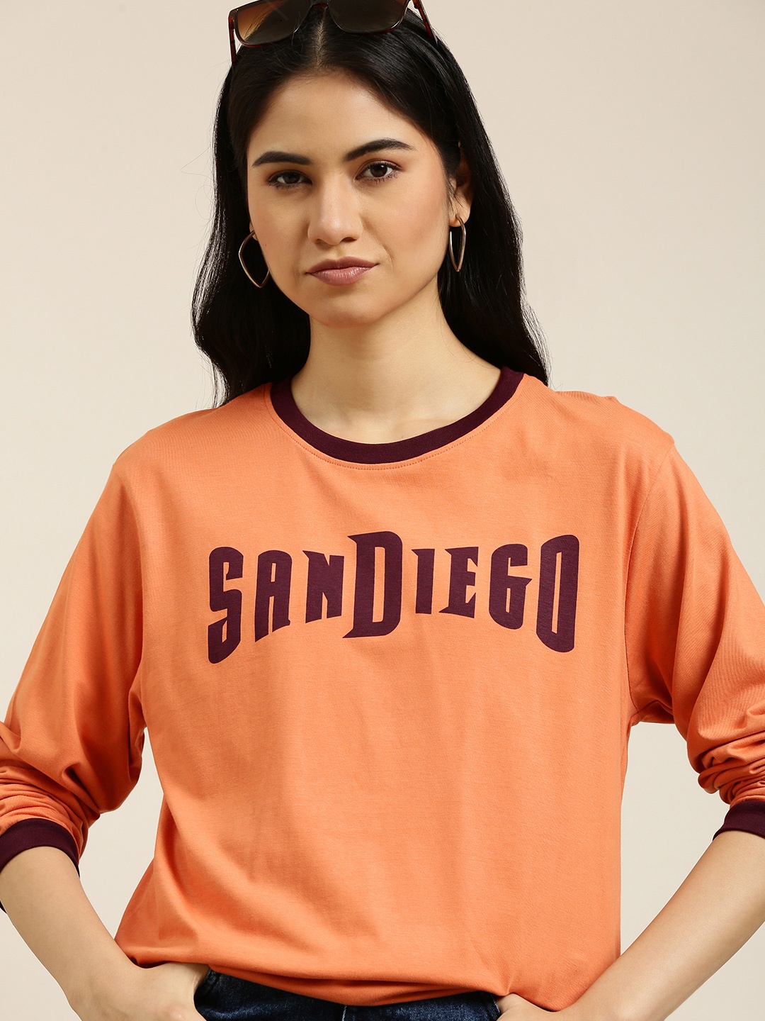 

DILLINGER Women Orange & Burgundy Pure Cotton Printed Oversized T-shirt