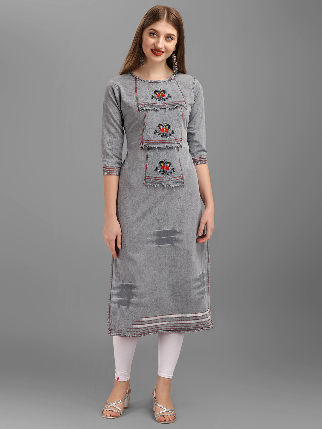 

PARIKA CREATION Women Grey Floral Embroidered Denim Kurta