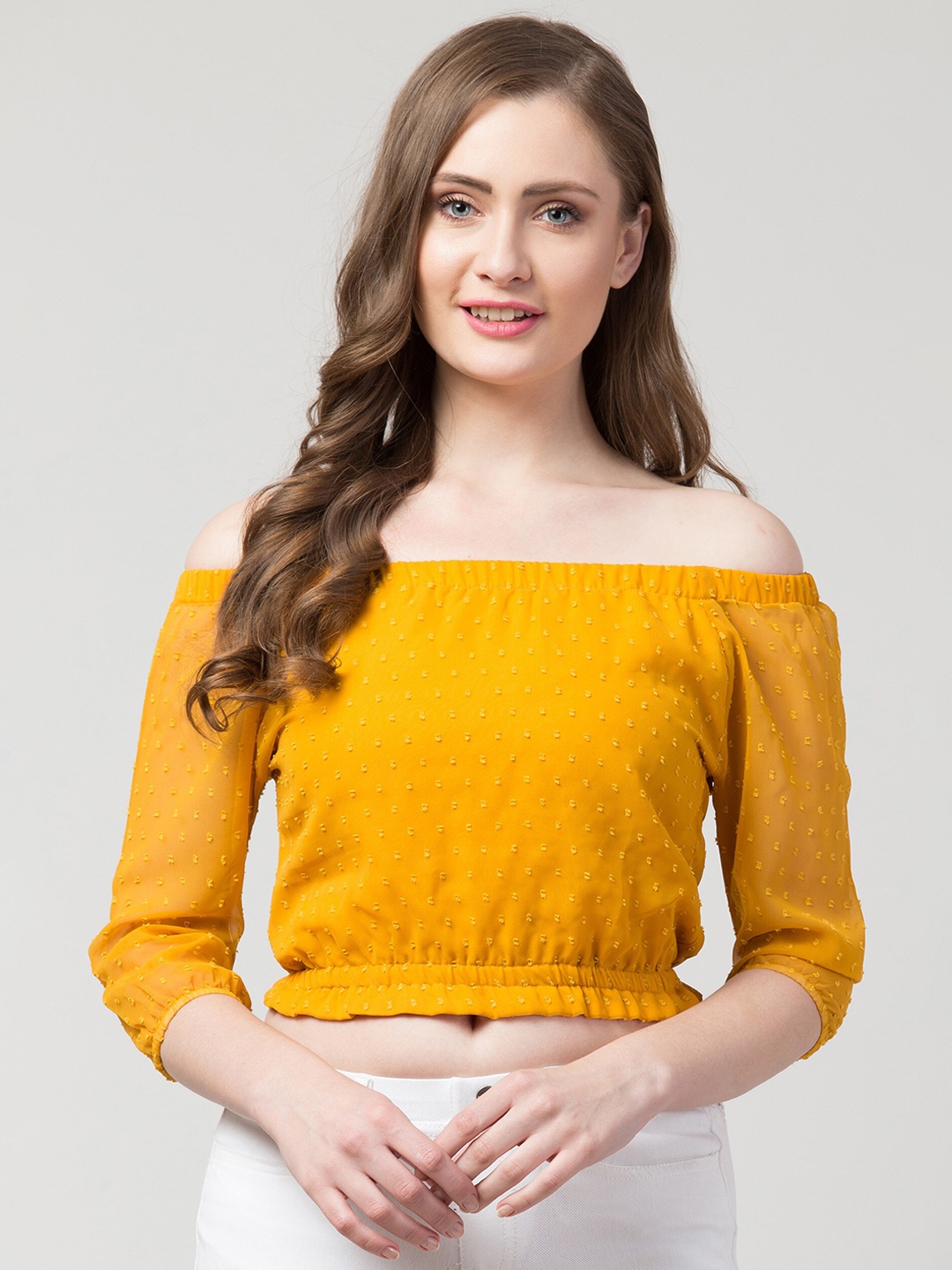 

Hive91 Yellow Off-Shoulder Georgette Bardot Crop Top