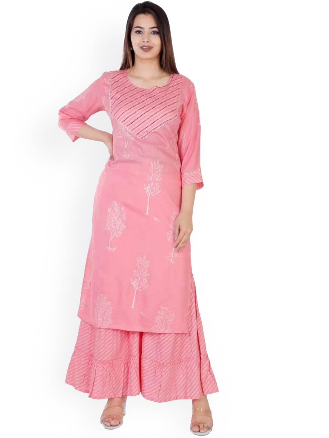 

MIRAVAN Women Pink Floral Printed Thread Work Pure Cotton Kurta with Sharara