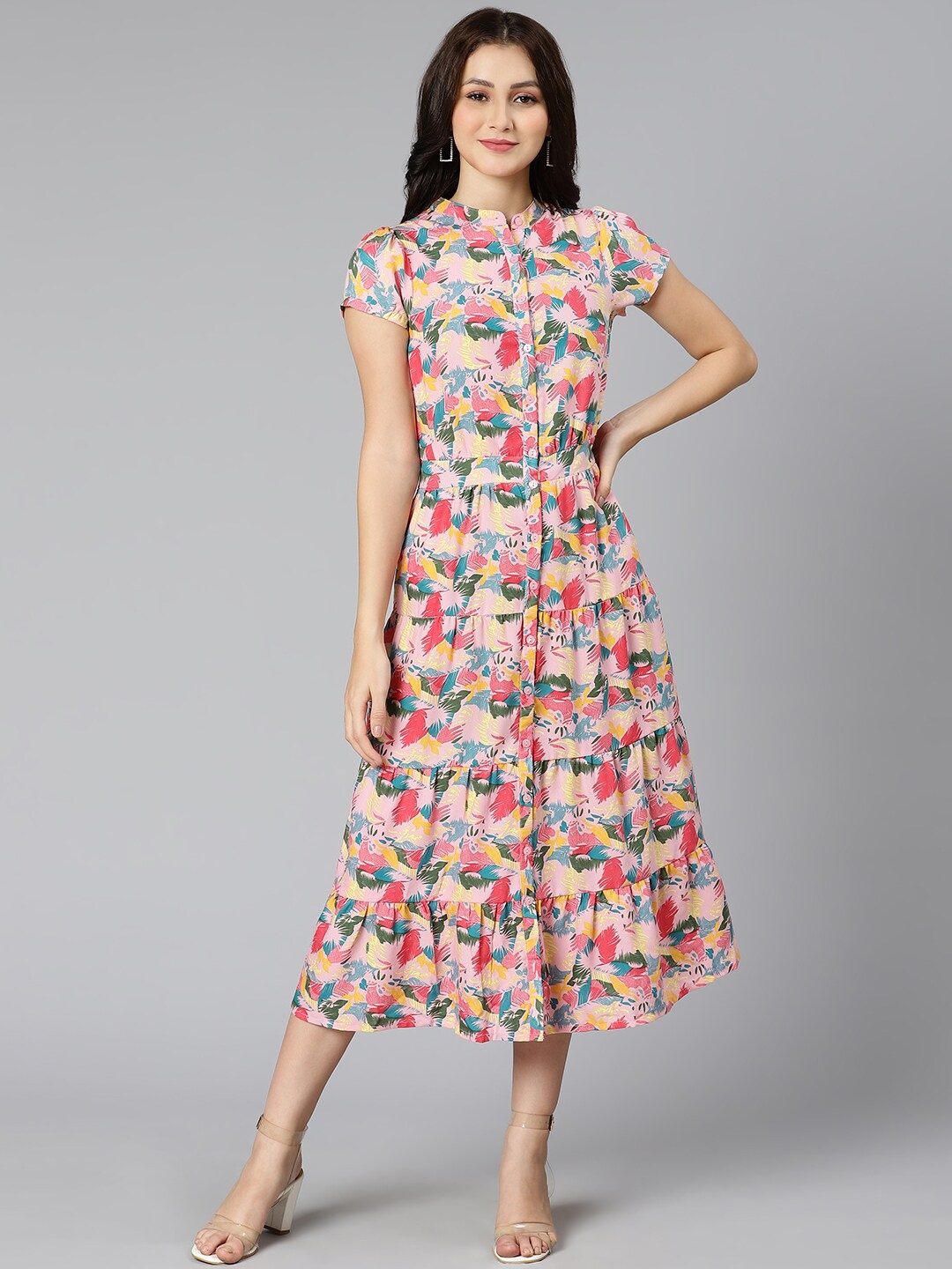 

Oxolloxo Pink Floral Crepe A-Line Midi Dress