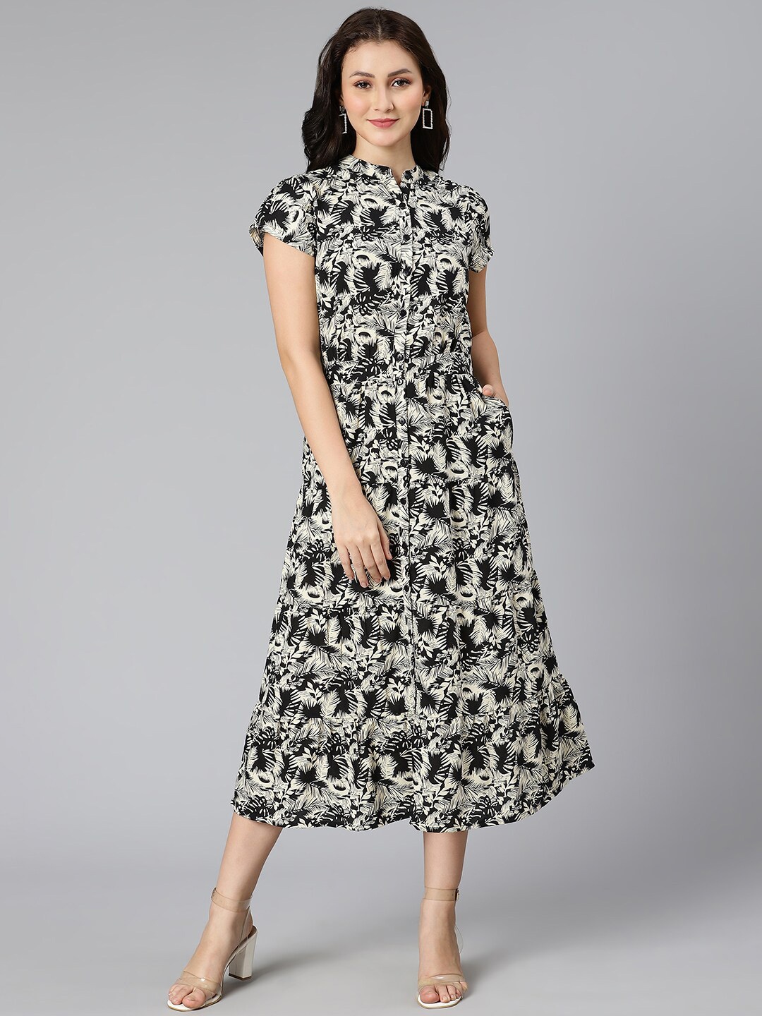 

Oxolloxo Black Floral Crepe Shirt Midi Dress