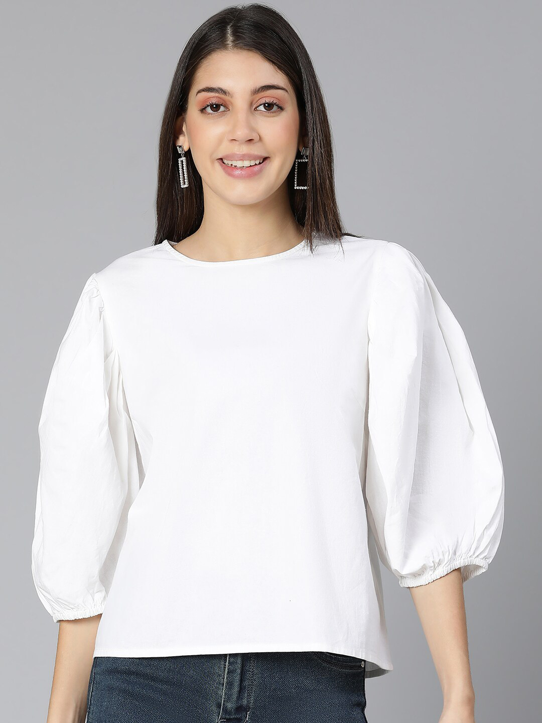 

Oxolloxo White Solid Puff Sleeves Pure Cotton Regular Top