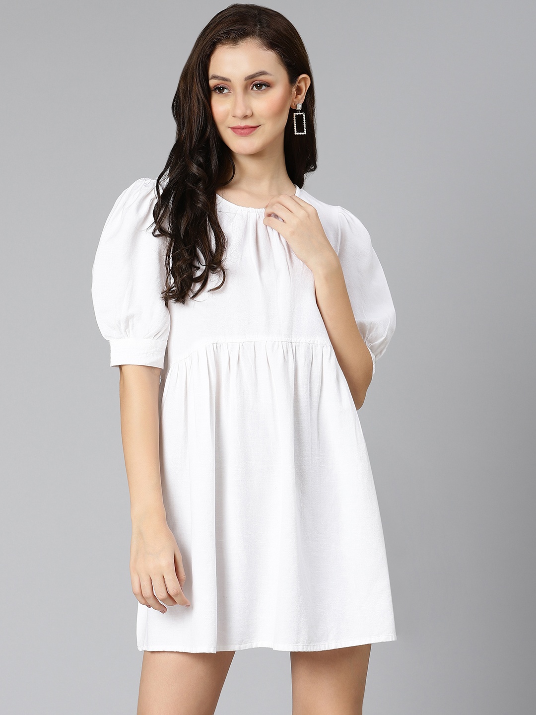 

Oxolloxo Puff Sleeves Gathered Details Linen Cotton A-Line Dress, White