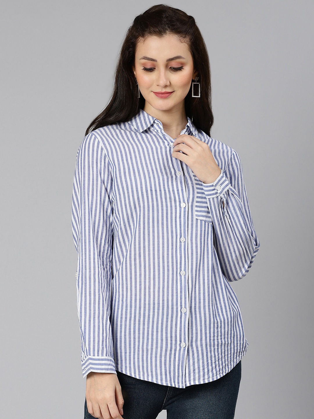 

Oxolloxo Women Blue Striped Formal Shirt