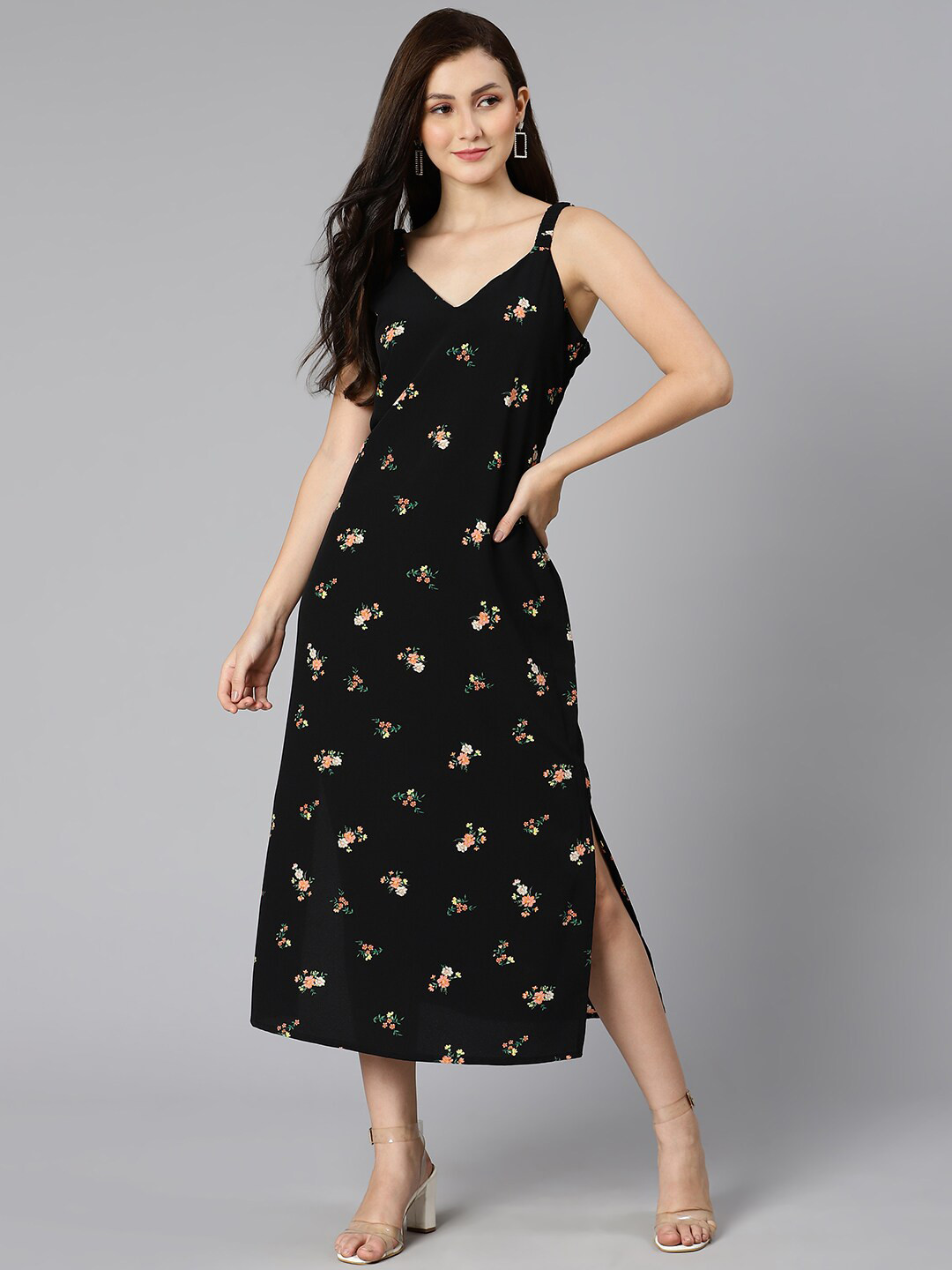 

Oxolloxo Black Floral Satin A-Line Midi Dress