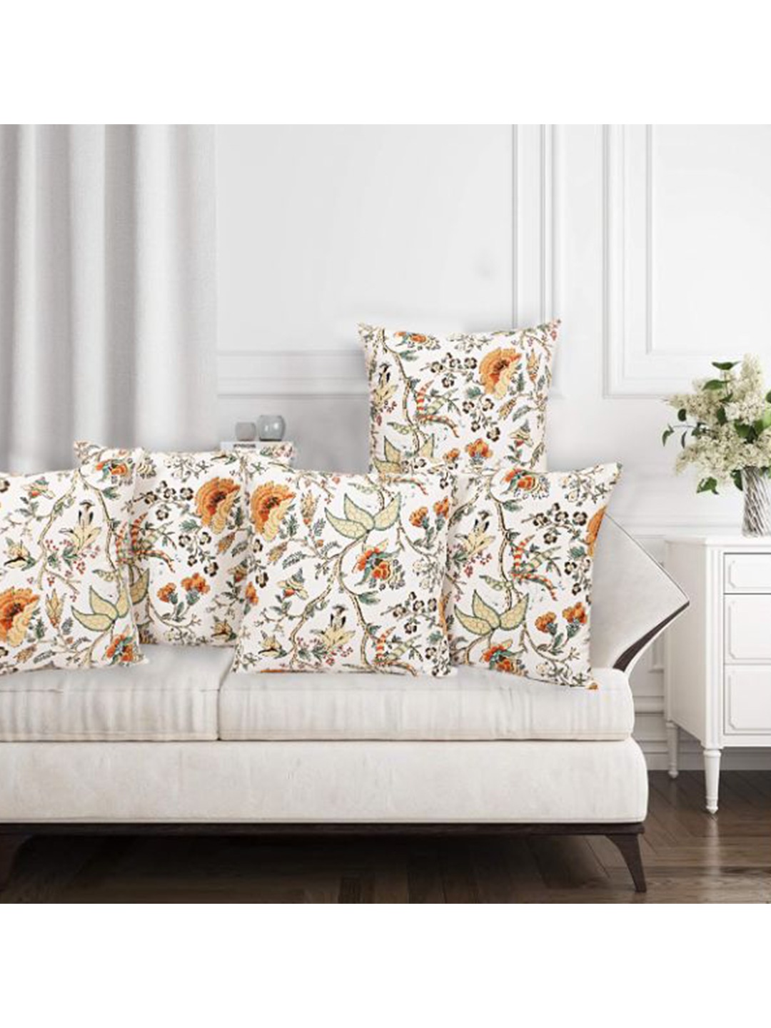 

INDHOME LIFE Cream-Coloured & Orange Set of 5 Floral Square Cushion Covers
