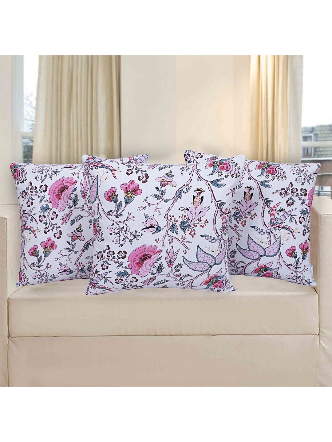 

INDHOME LIFE Purple & Red Set of 3 Floral Square Cushion Covers