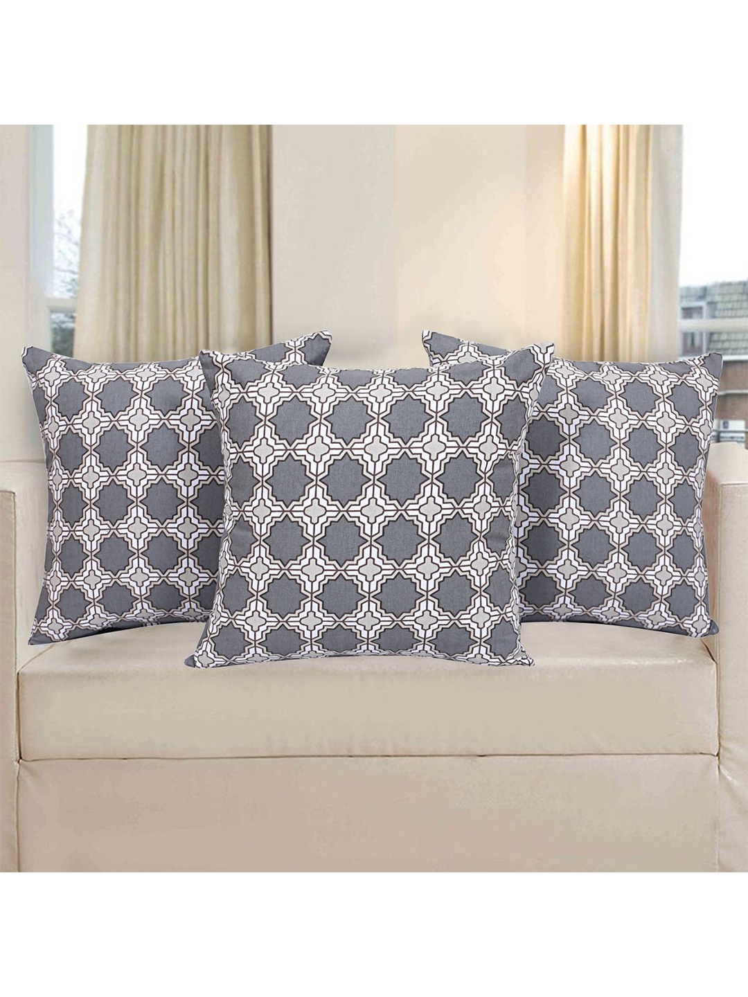 

INDHOME LIFE Grey & White Set of 3 Floral Square Cushion Covers