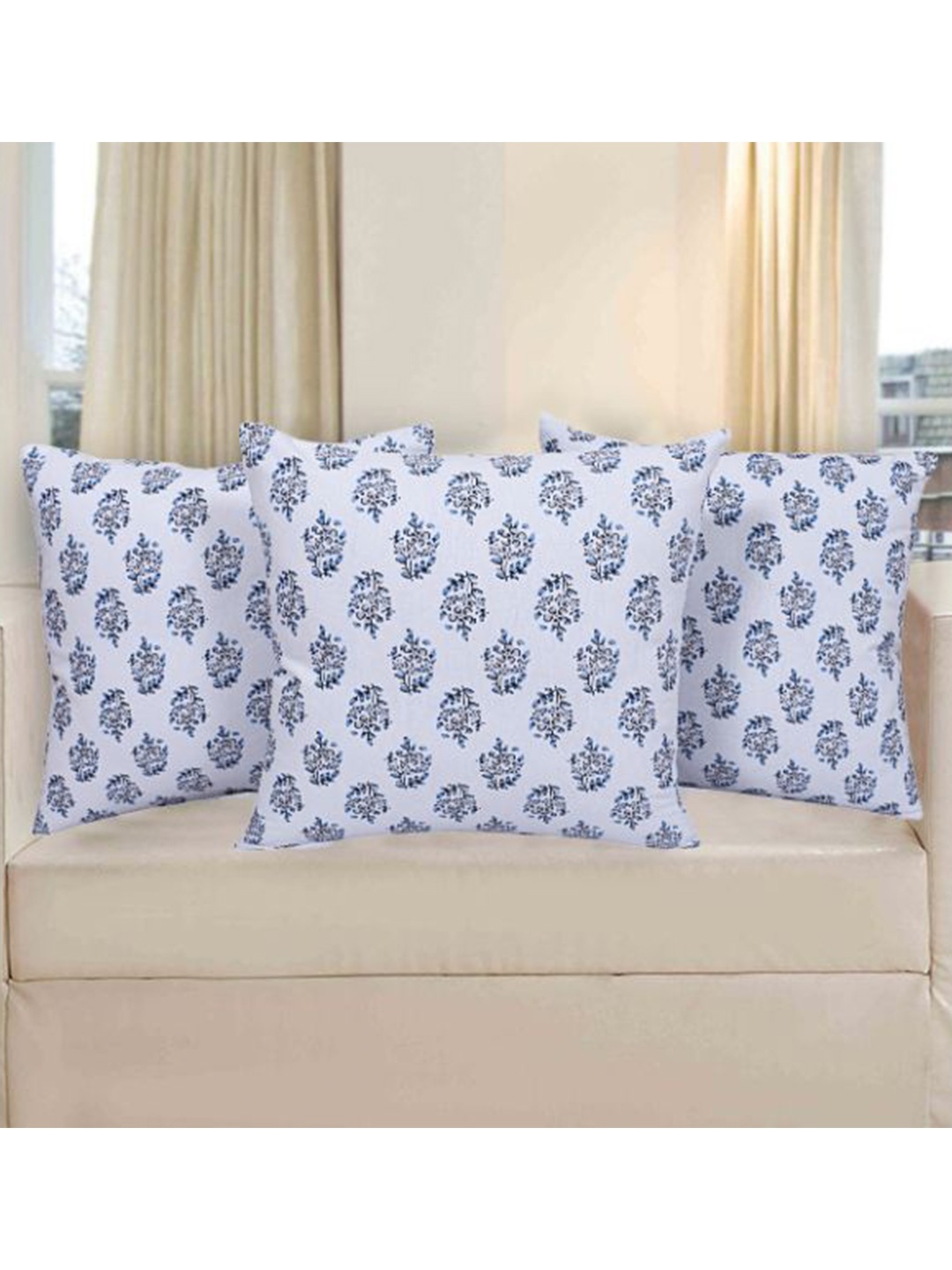 

INDHOME LIFE Blue & Grey Set of 3 Floral Square Cushion Covers