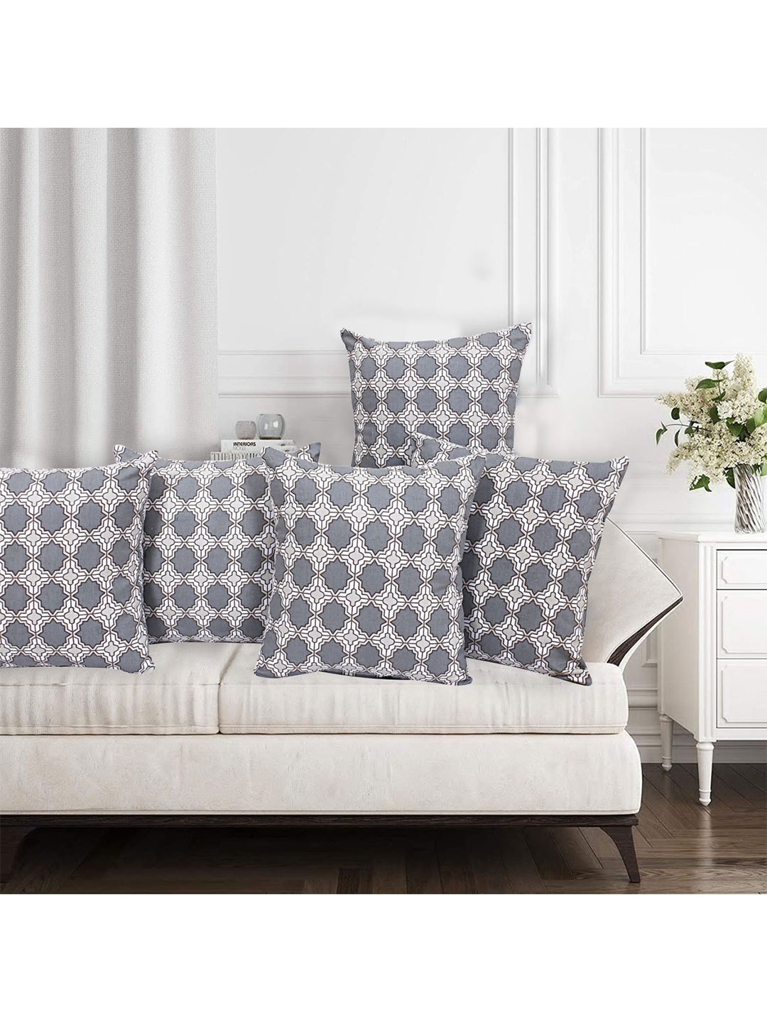 

INDHOME LIFE White & Grey Set of 5 Pure Cotton Geometric Square Cushion Covers
