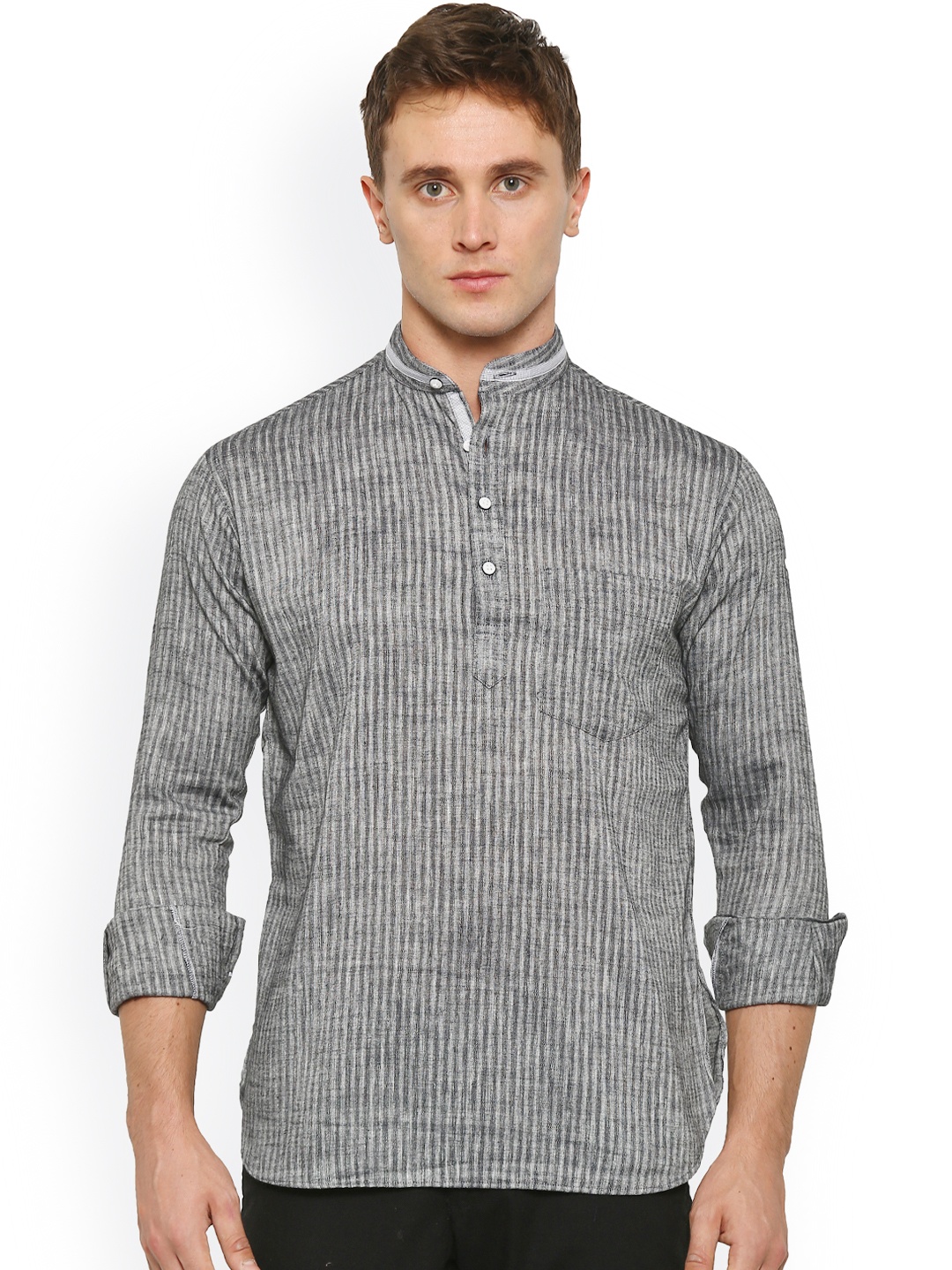 

Shaftesbury London Men Grey & Black Striped Straight Short Kurta