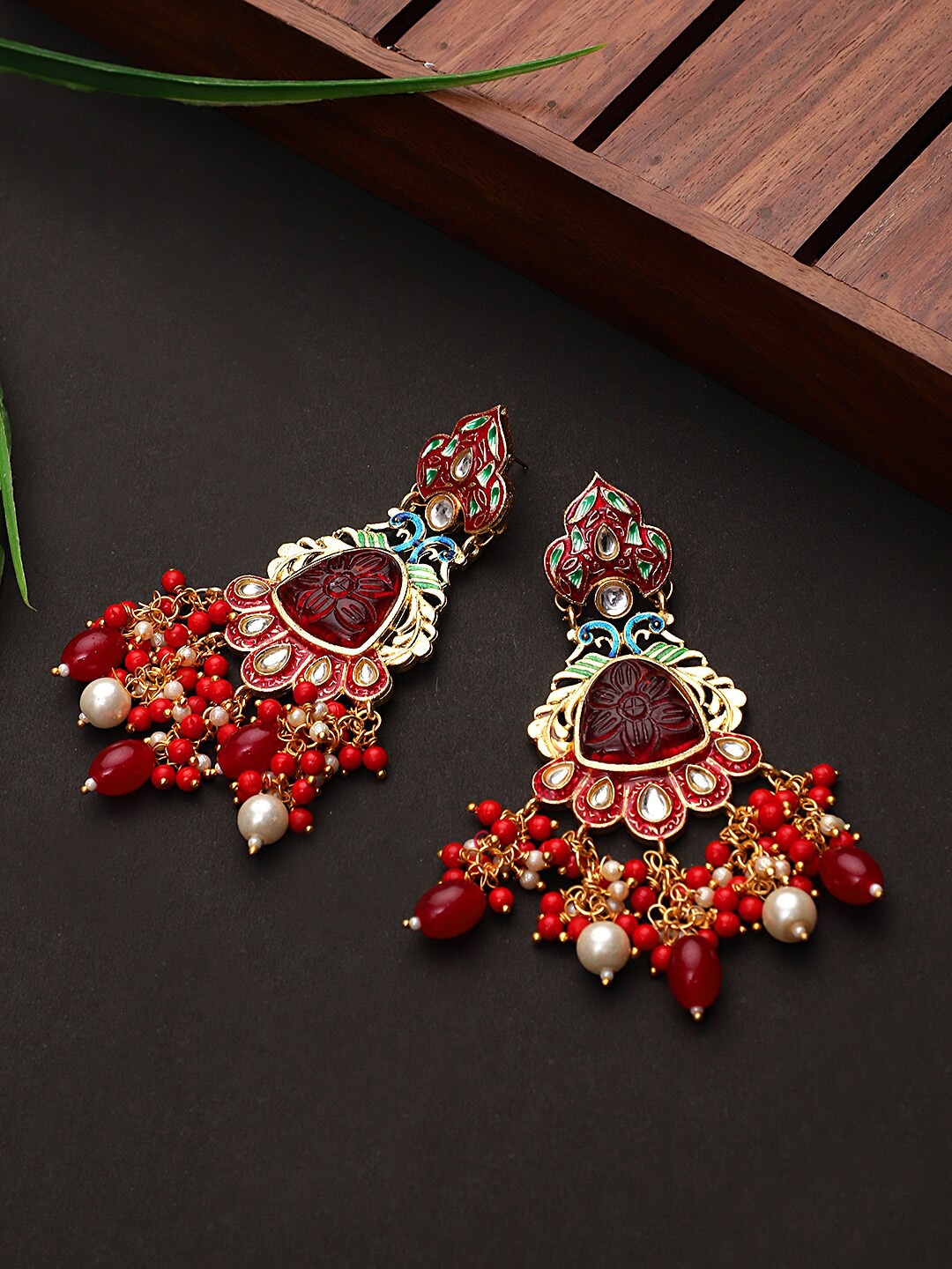 

STEORRA JEWELS Red & Maroon Gold-Plated Contemporary Jhumkas Earrings