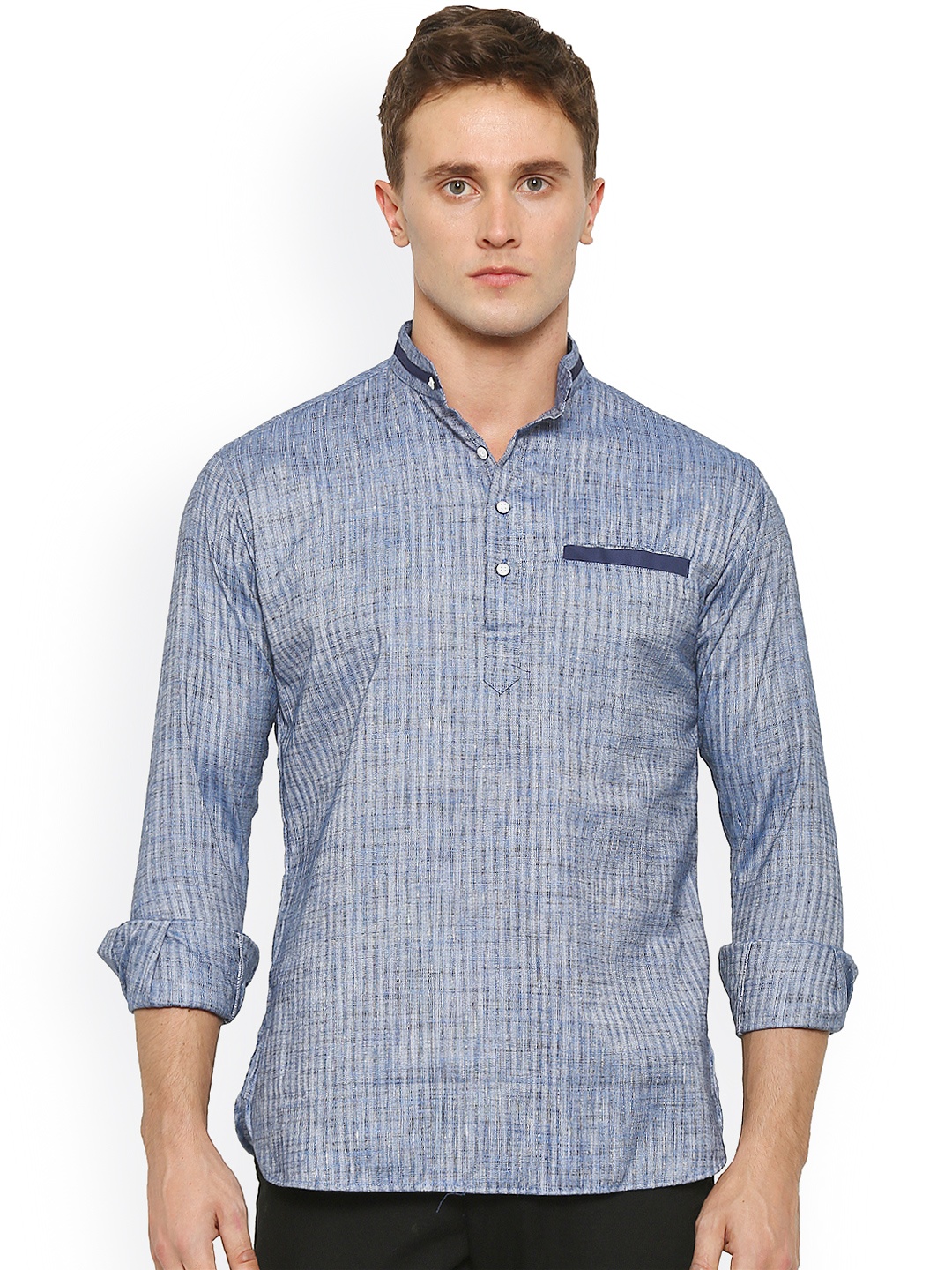 

Shaftesbury London Men Blue Striped Straight Short Kurta