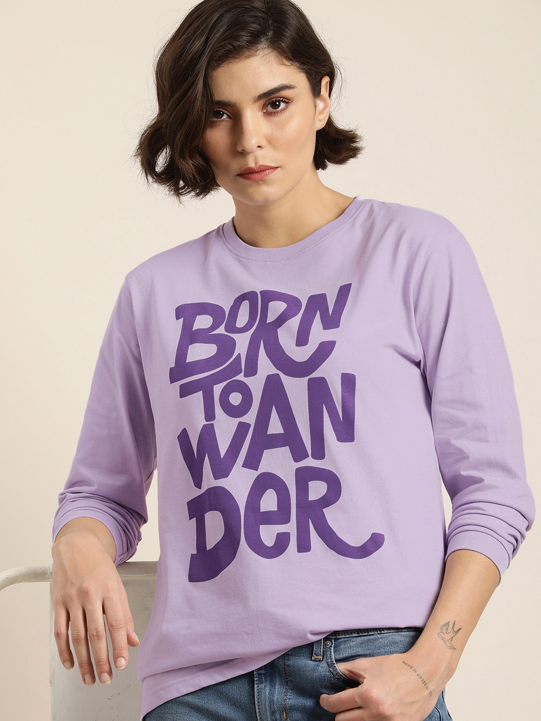 

DILLINGER Women Lavender Typography Printed Pure Cotton Oversized T-shirt