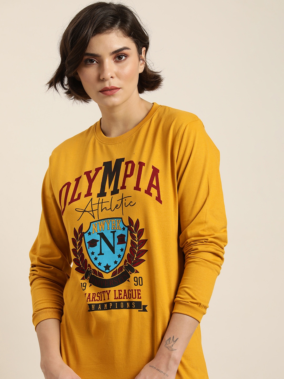 

DILLINGER Women Mustard Yellow & Maroon Printed Oversized T-shirt