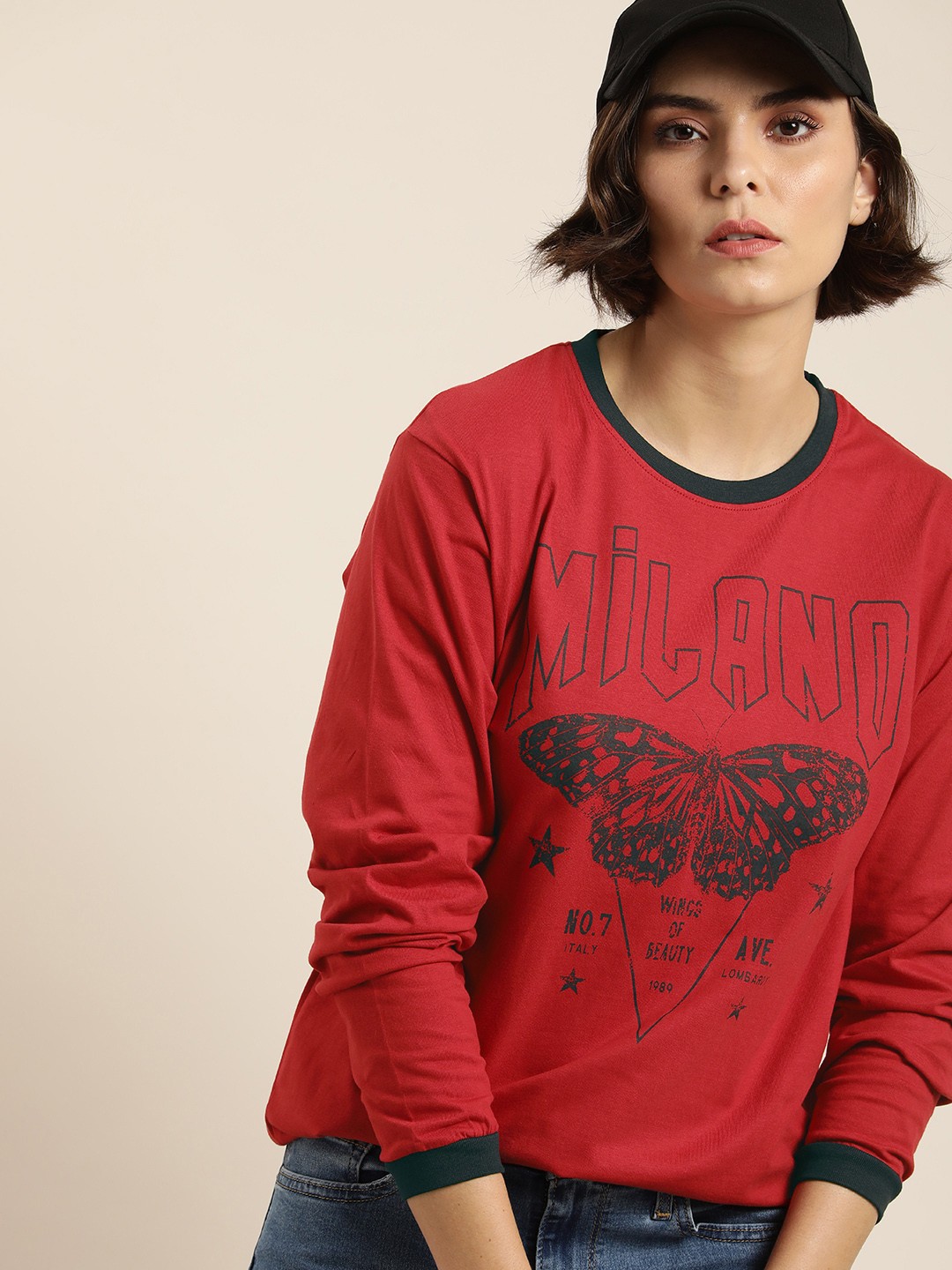 

DILLINGER Women Red & Navy Blue Printed Pure Cotton Loose T-shirt