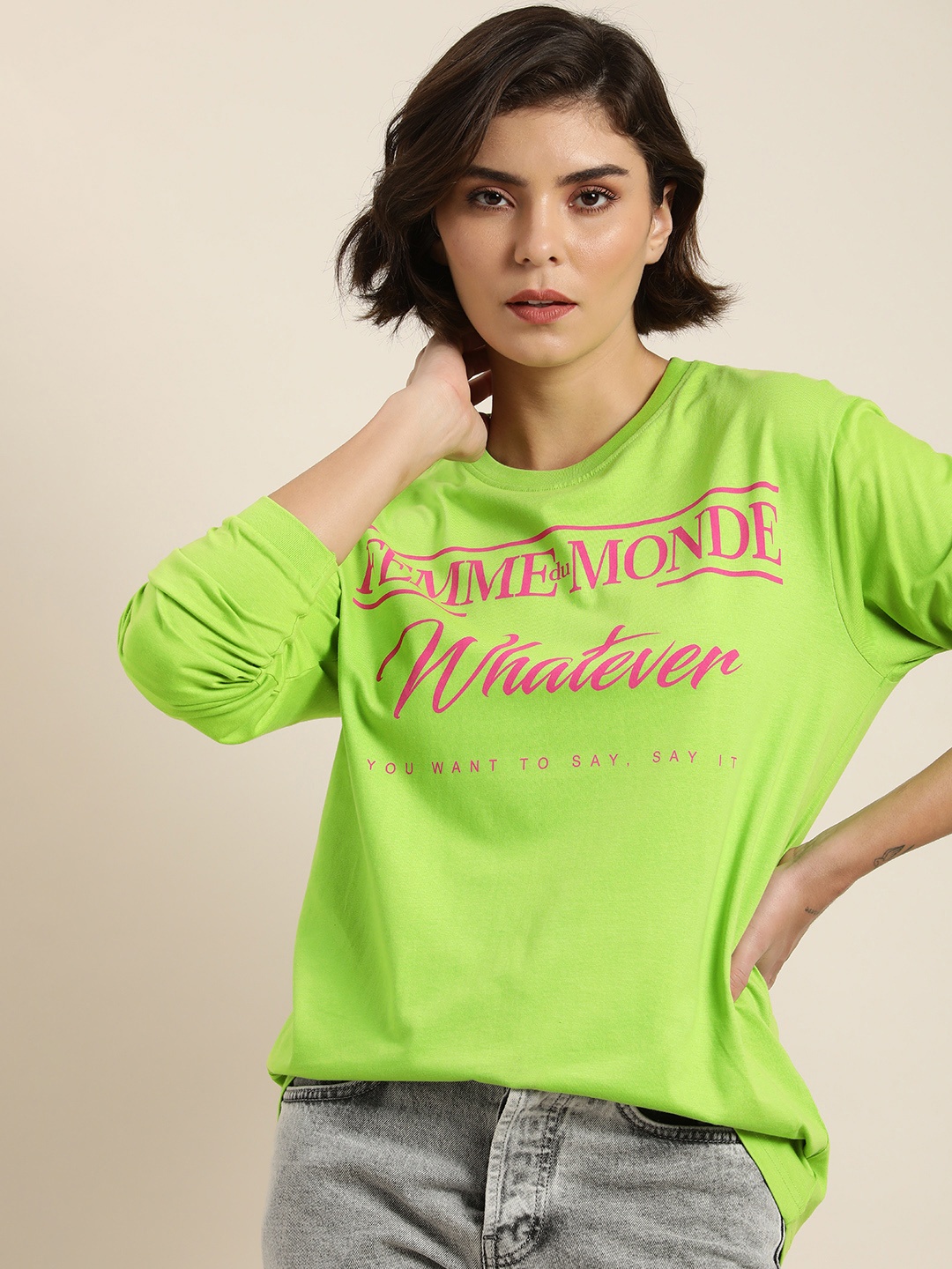 

DILLINGER Women Green Typography Printed Cotton Loose T-shirt