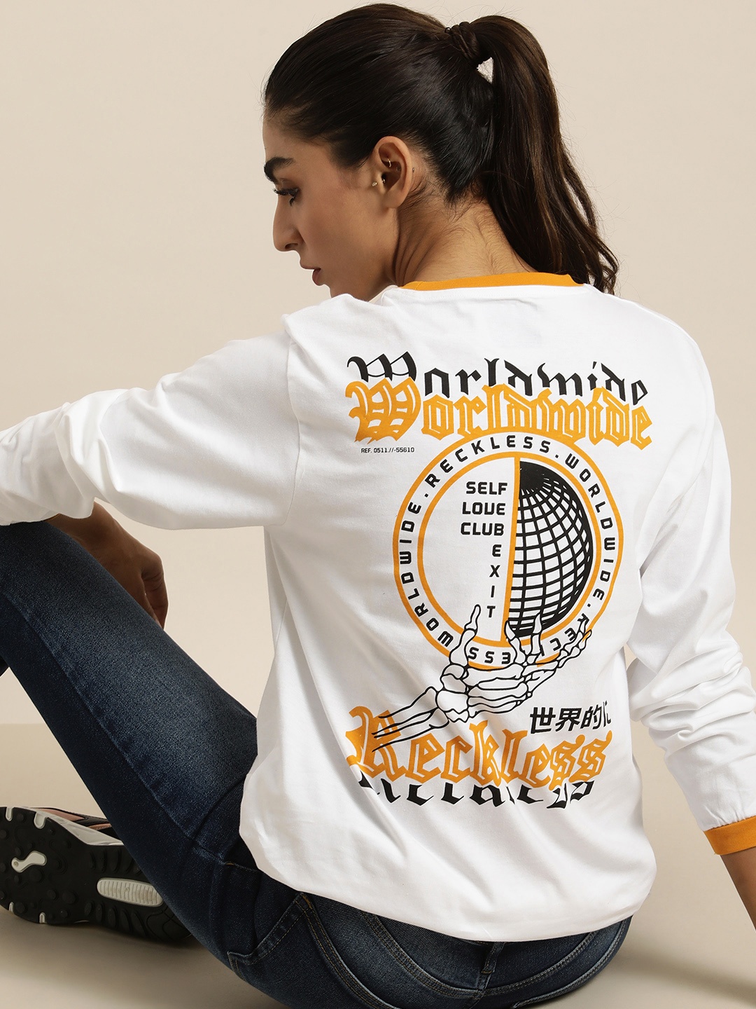 

DILLINGER Women White & Mustard Yellow Printed Pure Cotton Oversized T-shirt
