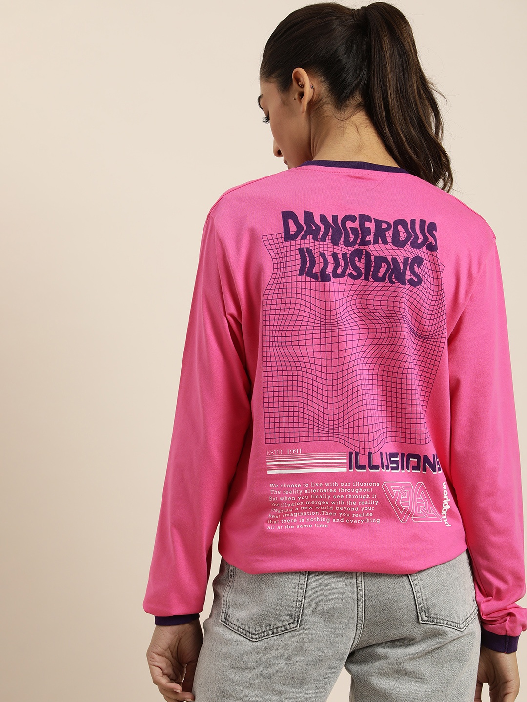 

DILLINGER Women Pink & Navy Blue Printed Pure Cotton Loose T-shirt