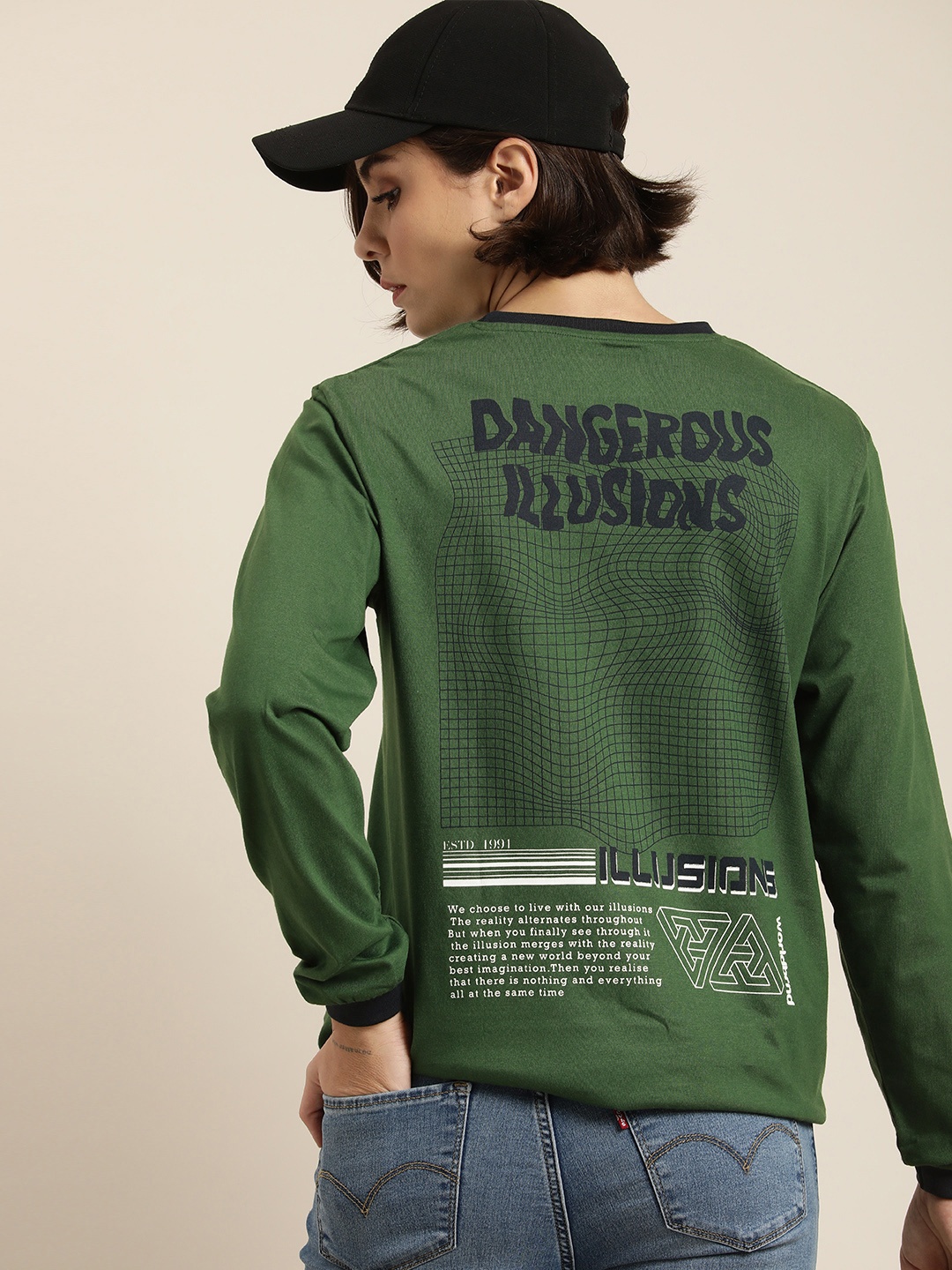 

DILLINGER Women Green Printed Pure Cotton Loose T-shirt