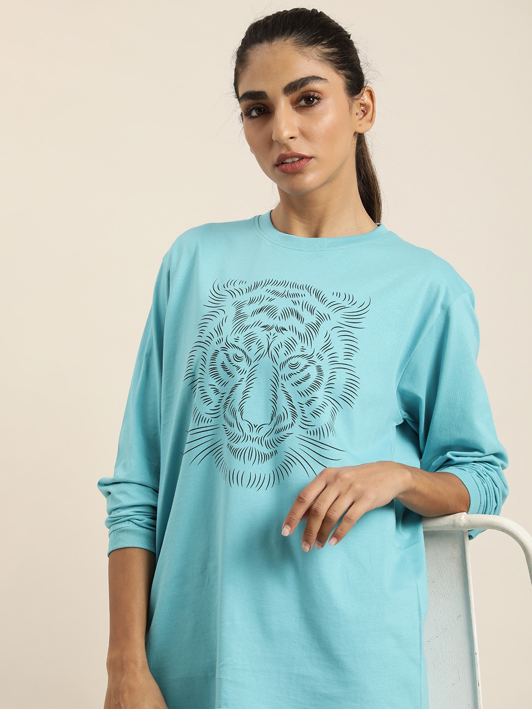 

DILLINGER Women Turquoise Blue & Black Printed Pure Cotton Loose T-shirt
