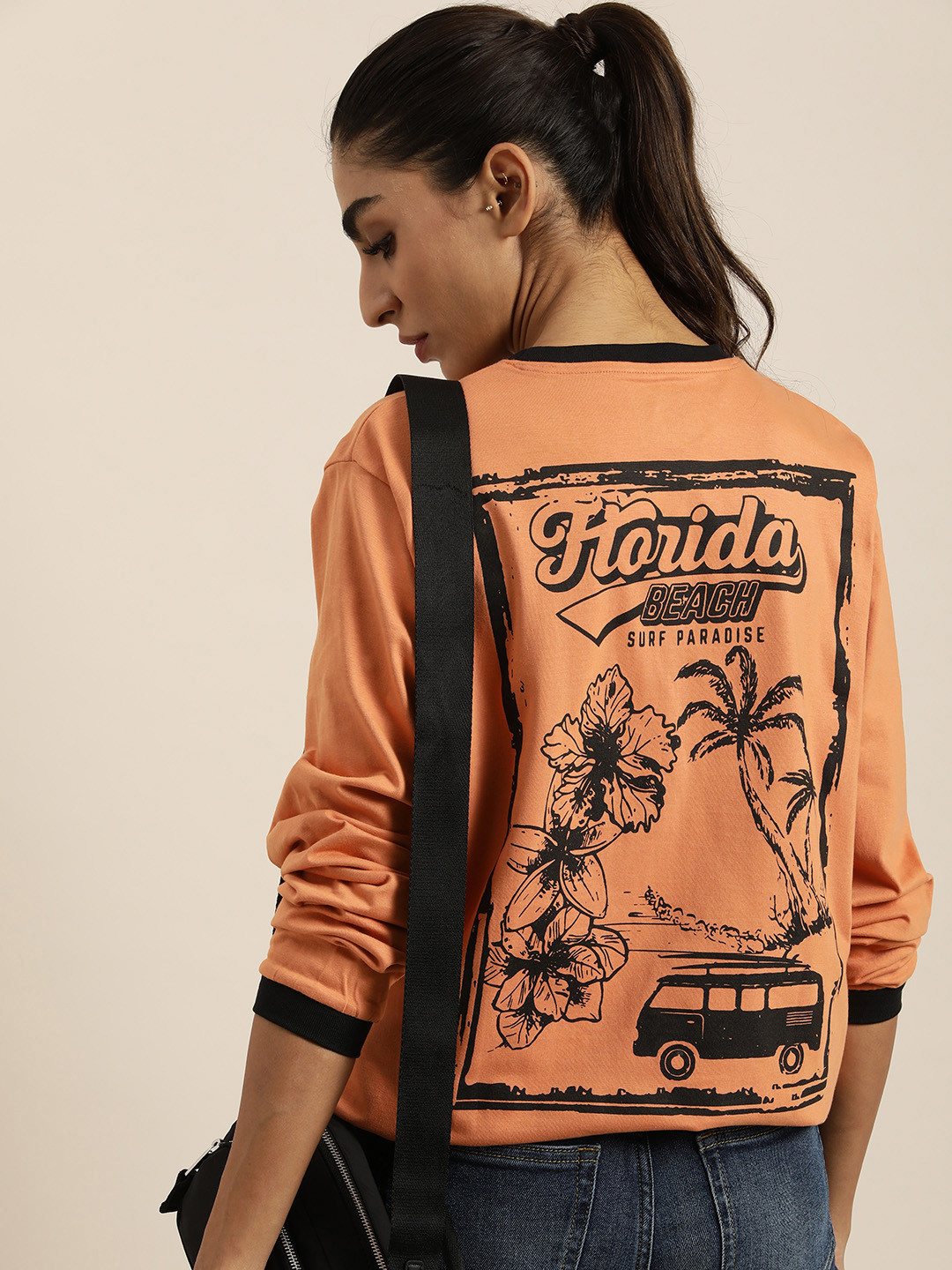 

DILLINGER Women Camel Brown & Black Printed Pure Cotton Loose T-shirt
