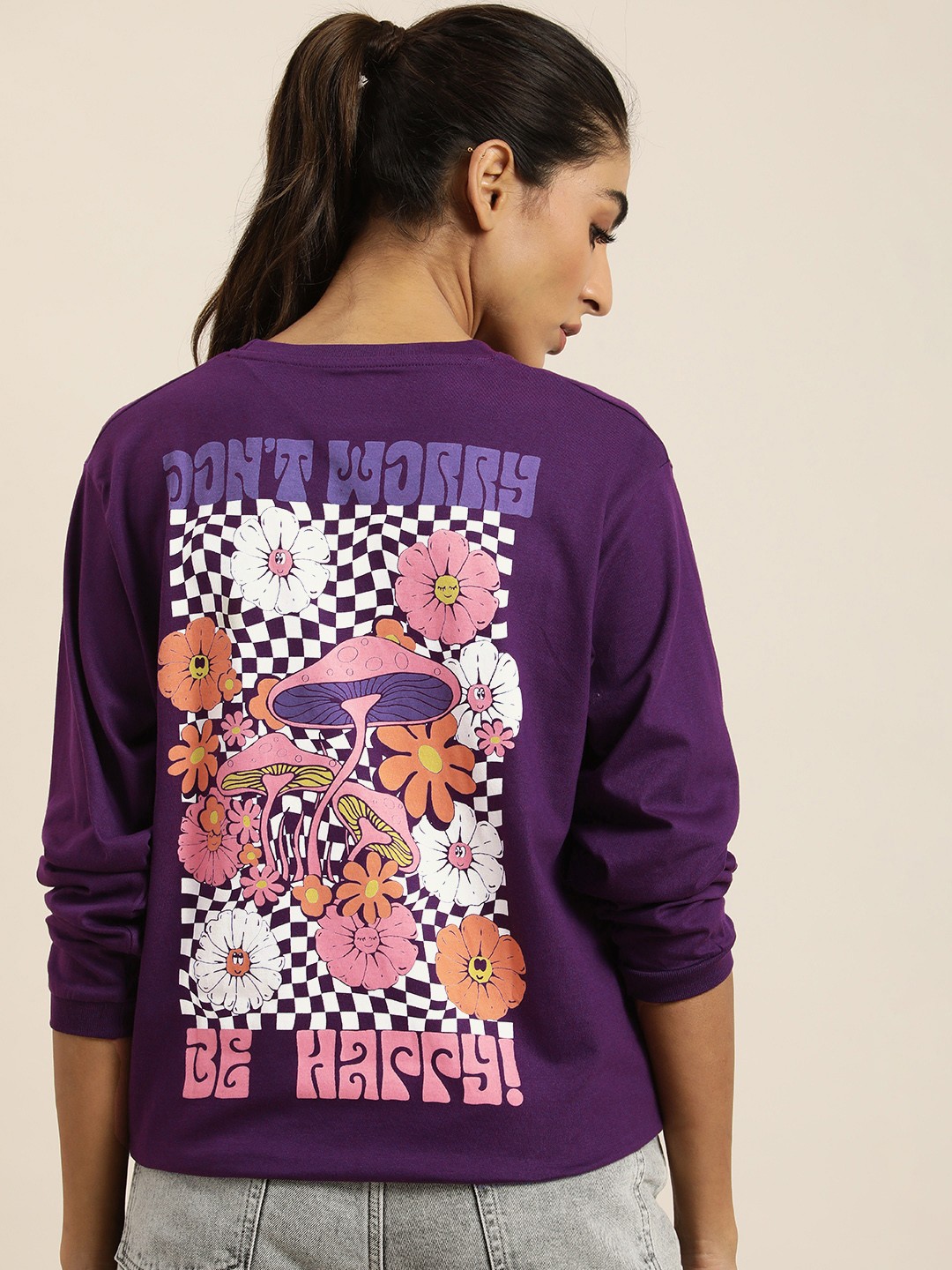 

DILLINGER Women Purple & Pink Printed Pure Cotton Loose T-shirt