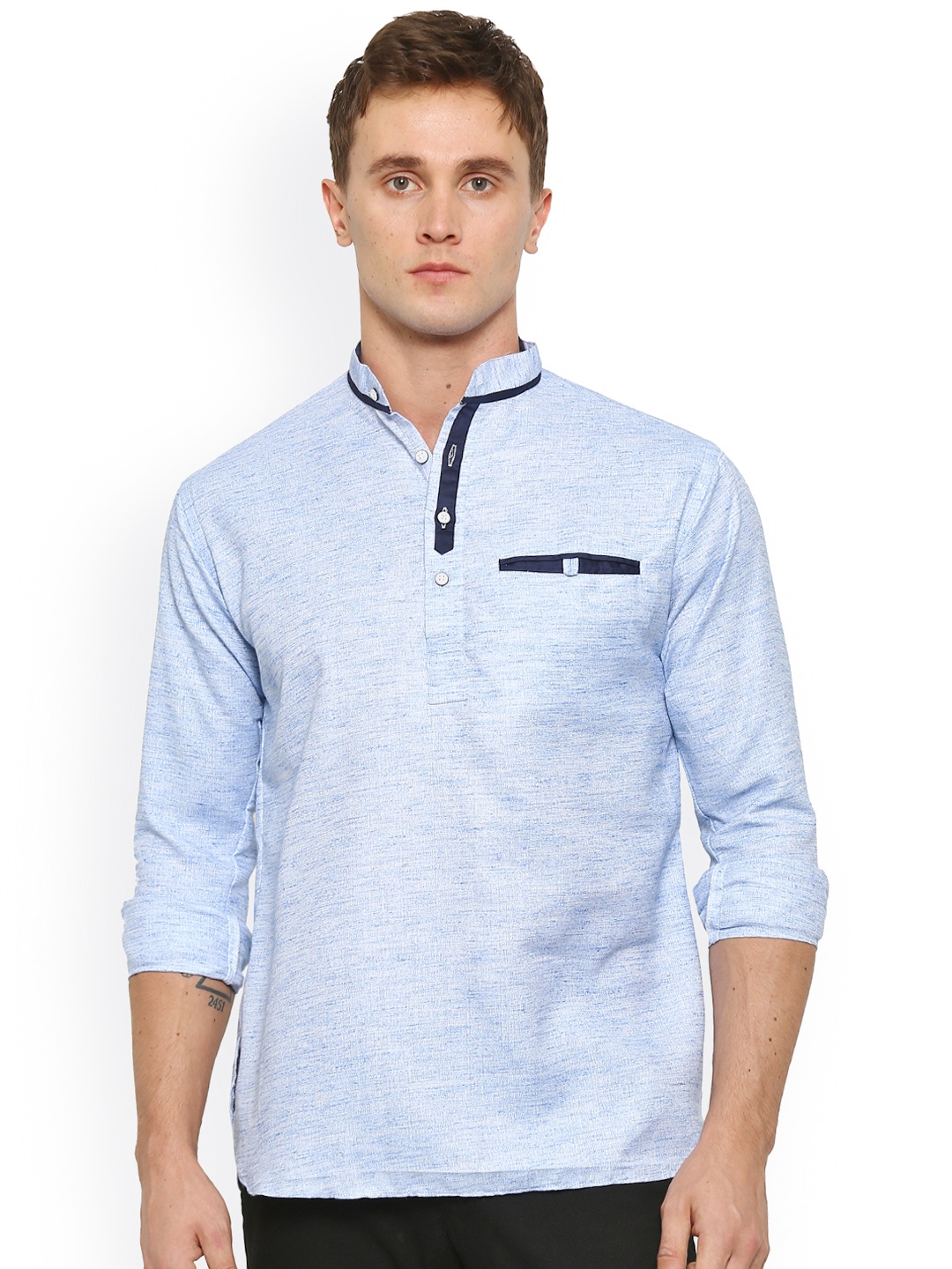 

Shaftesbury London Men Blue Linen Straight Short Kurta