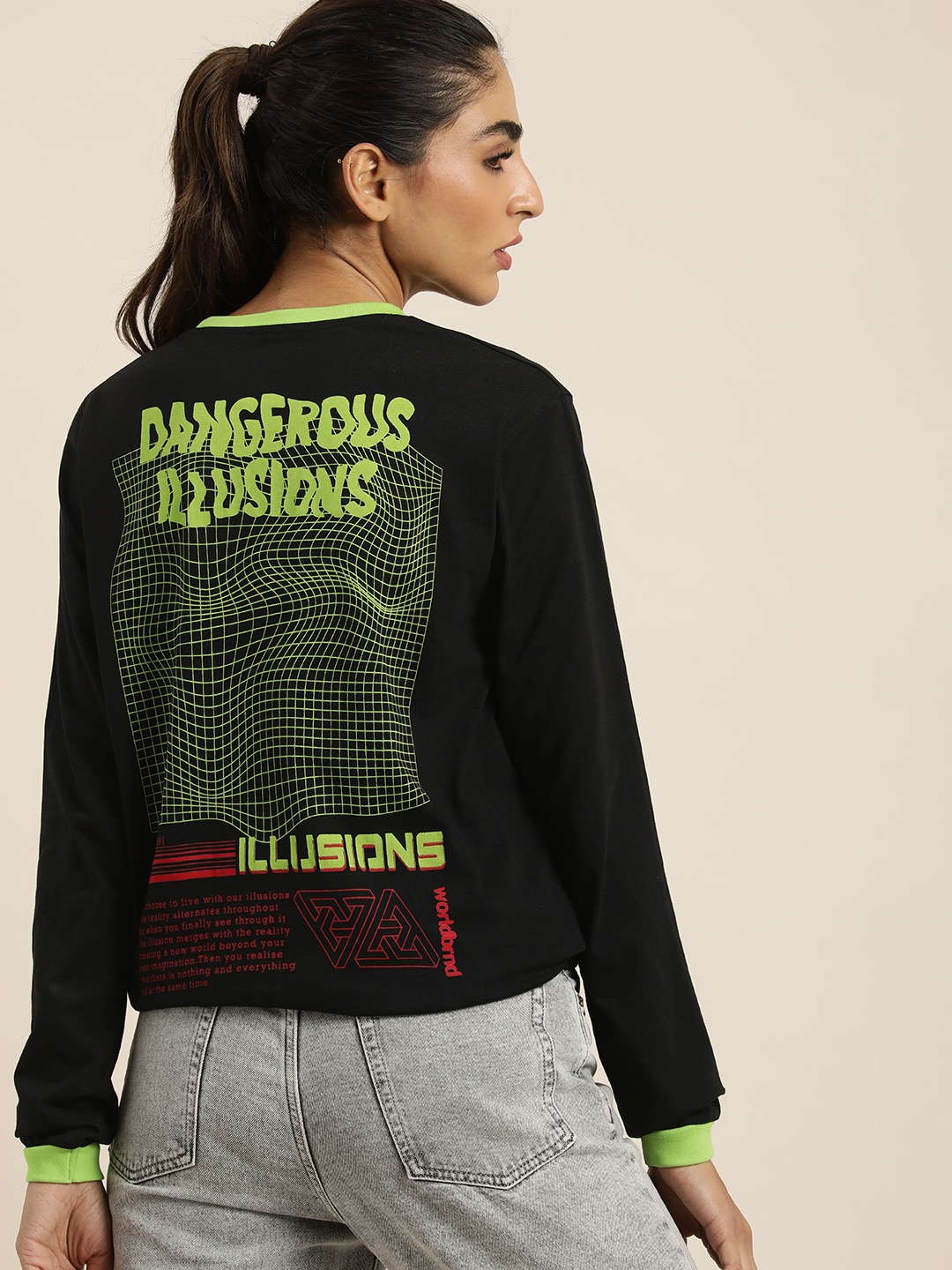 

DILLINGER Women Black & Lime Green Printed Pure Cotton Loose T-shirt