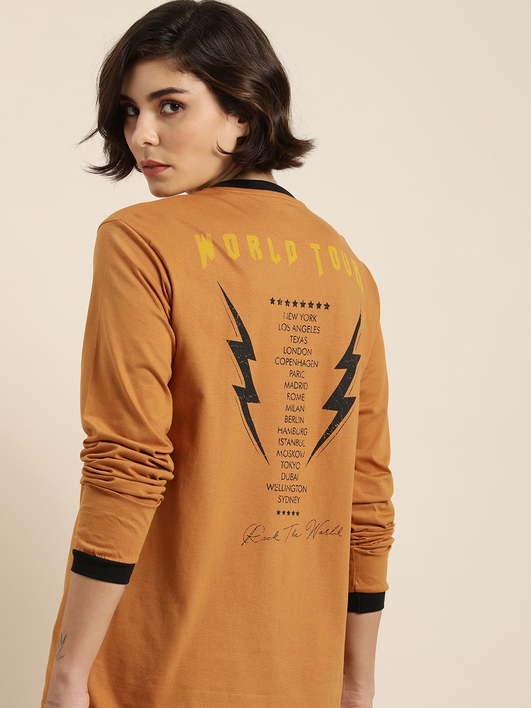 

DILLINGER Women Camel Brown & Black Typography Printed Pure Cotton Loose T-shirt