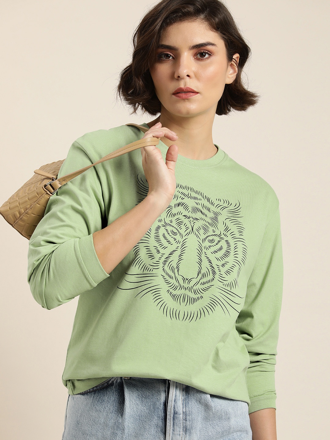 

DILLINGER Women Green & Black Printed Pure Cotton Loose T-shirt