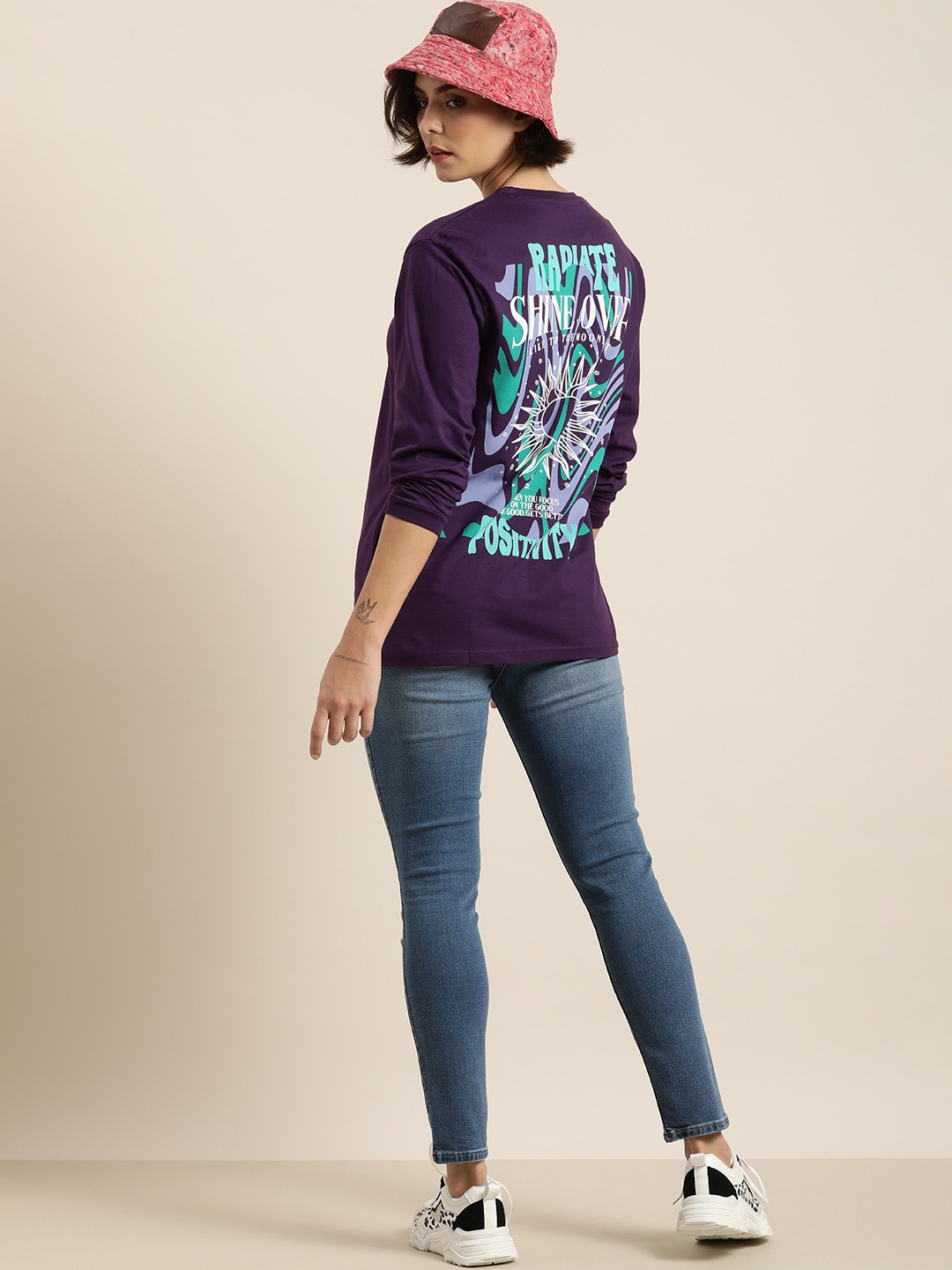

DILLINGER Women Purple & Green Printed Pure Cotton Loose T-shirt