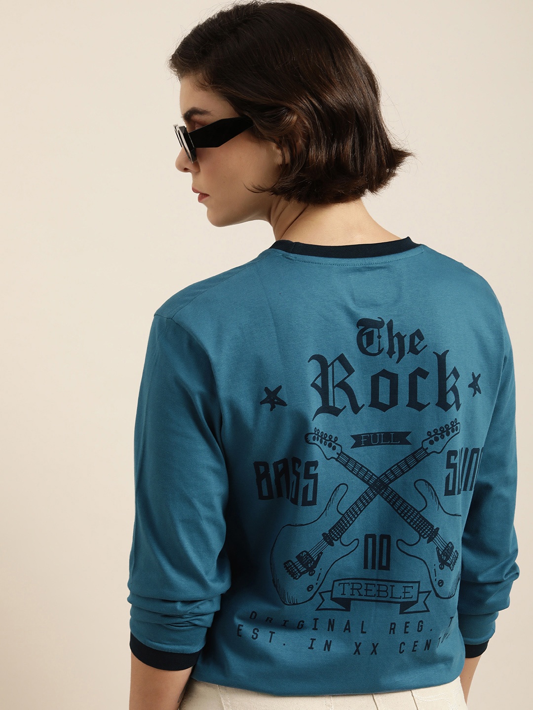 

DILLINGER Women Teal Blue Printed Pure Cotton Loose T-shirt