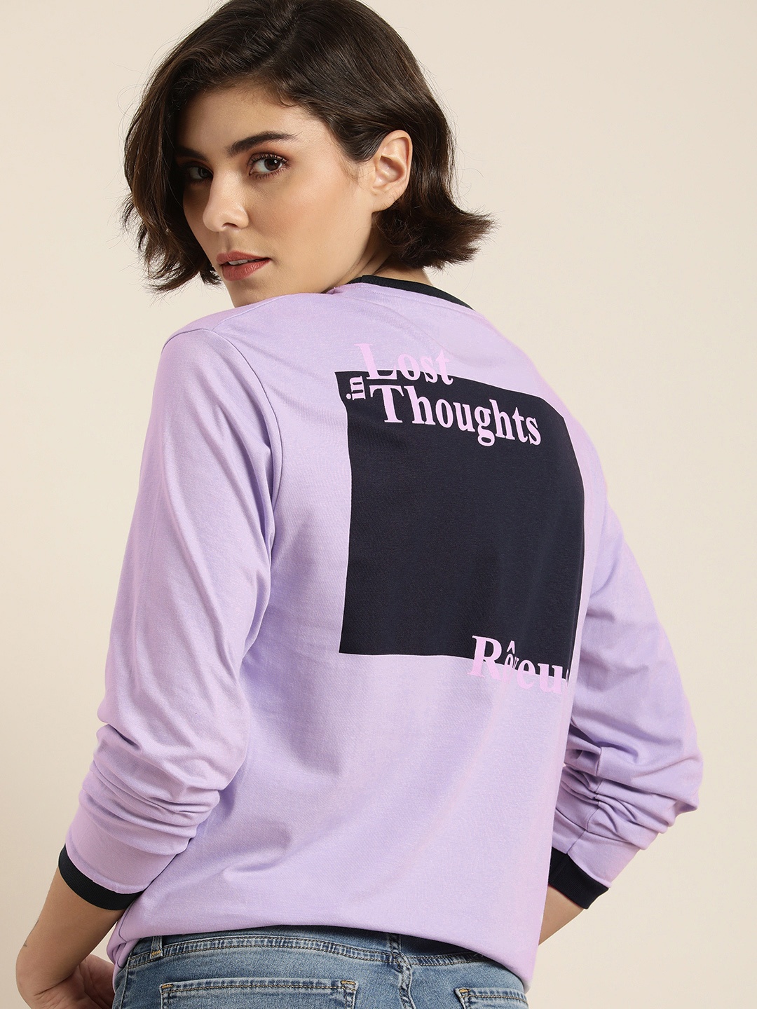 

DILLINGER Women Lavender & Black Typography Printed Cotton Loose T-shirt