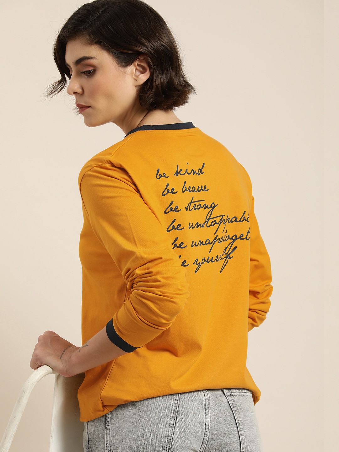 

DILLINGER Women Mustard Yellow Typography Printed Cotton Loose T-shirt