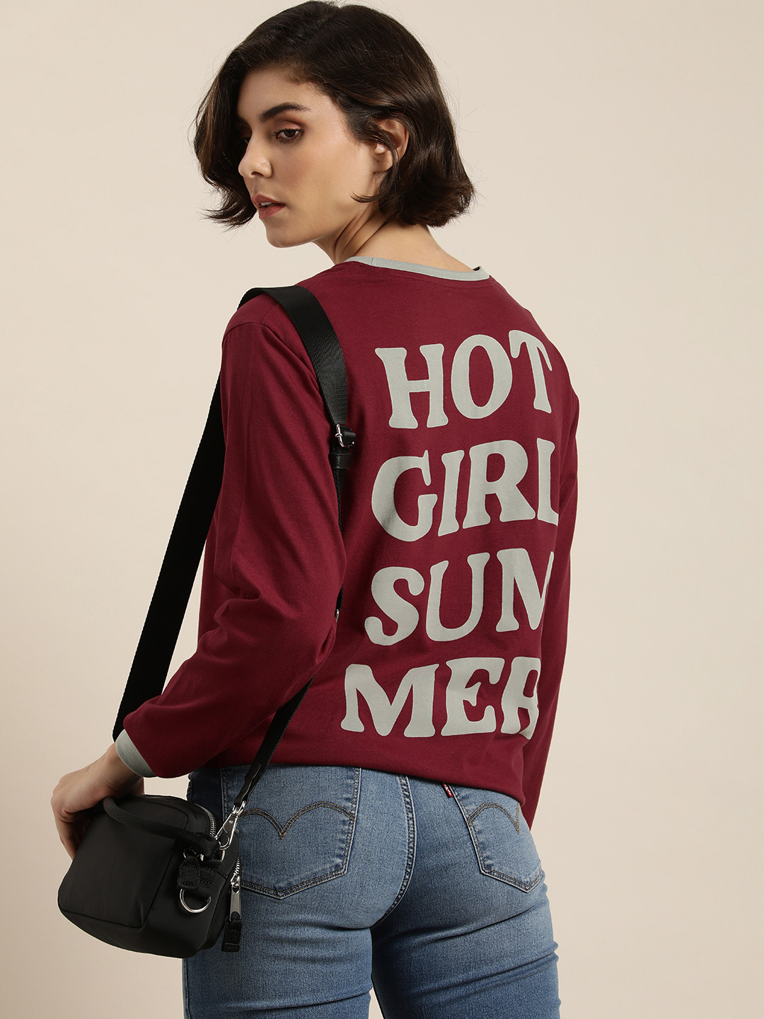

DILLINGER Women Maroon & Grey Typography Printed Pure Cotton Loose T-shirt