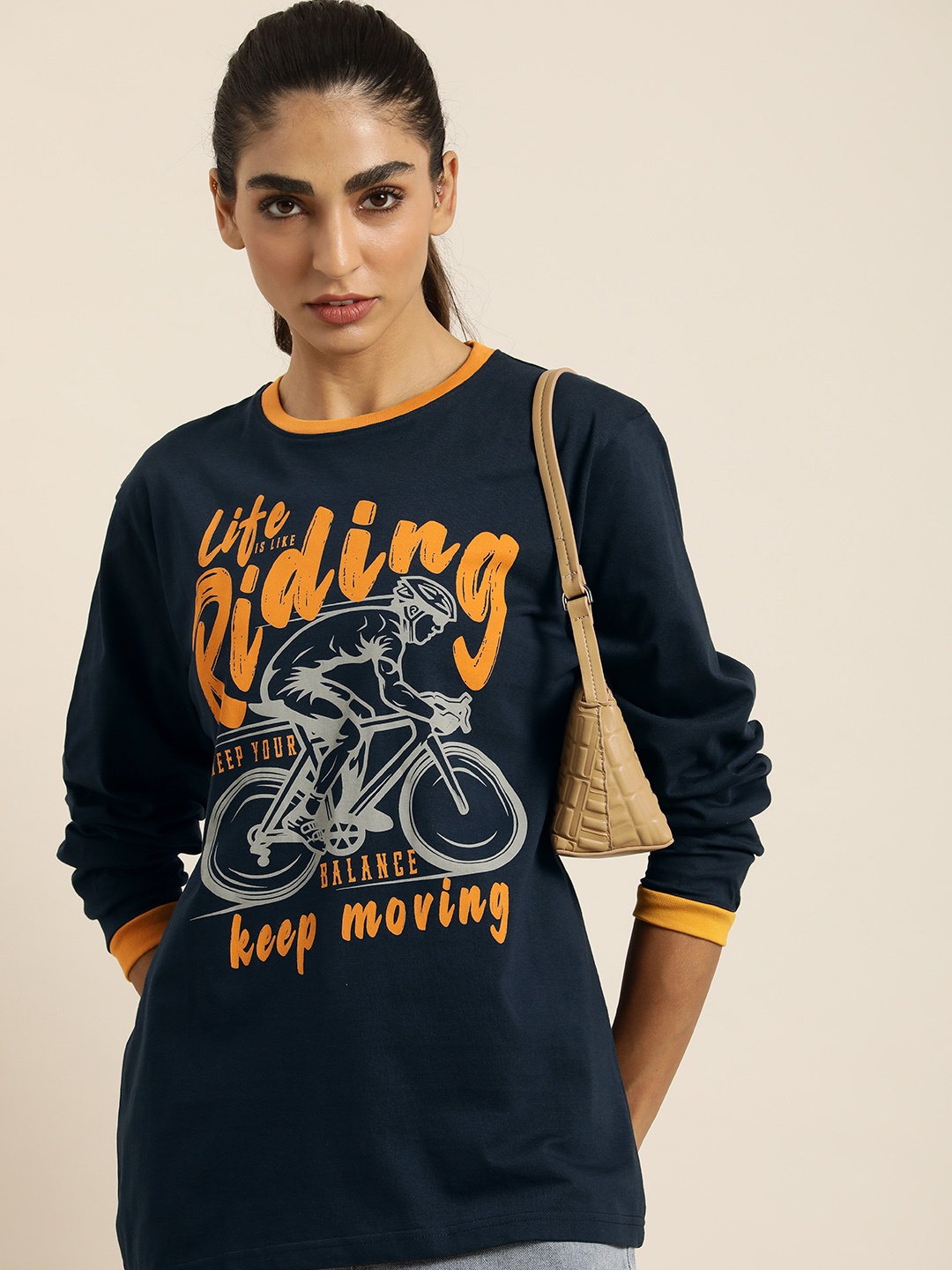 

DILLINGER Women Navy Blue & Mustard Yellow Printed Pure Cotton Loose T-shirt