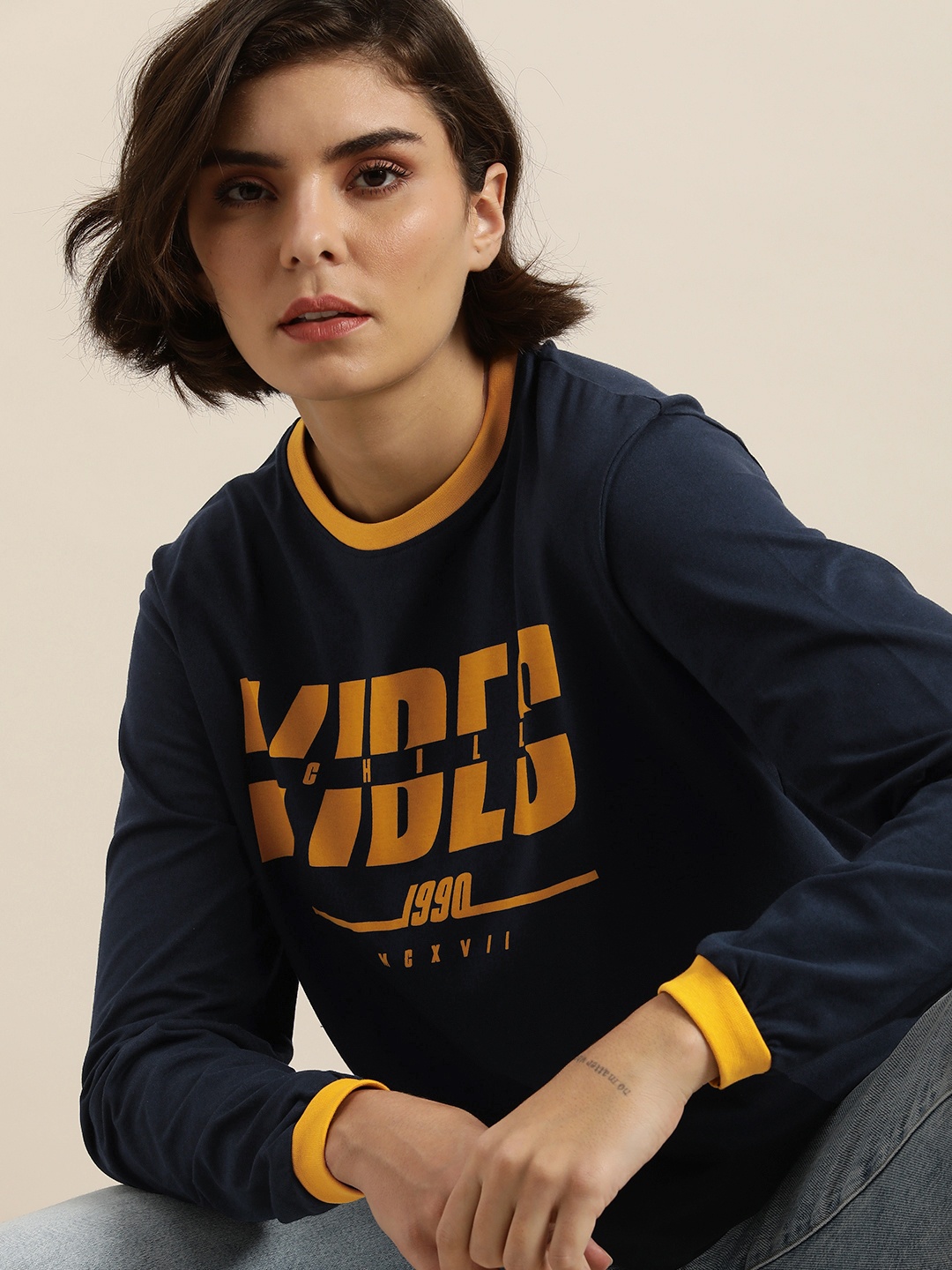 

DILLINGER Women Navy Blue & Mustard Yellow Typography Printed Pure Cotton Loose T-shirt