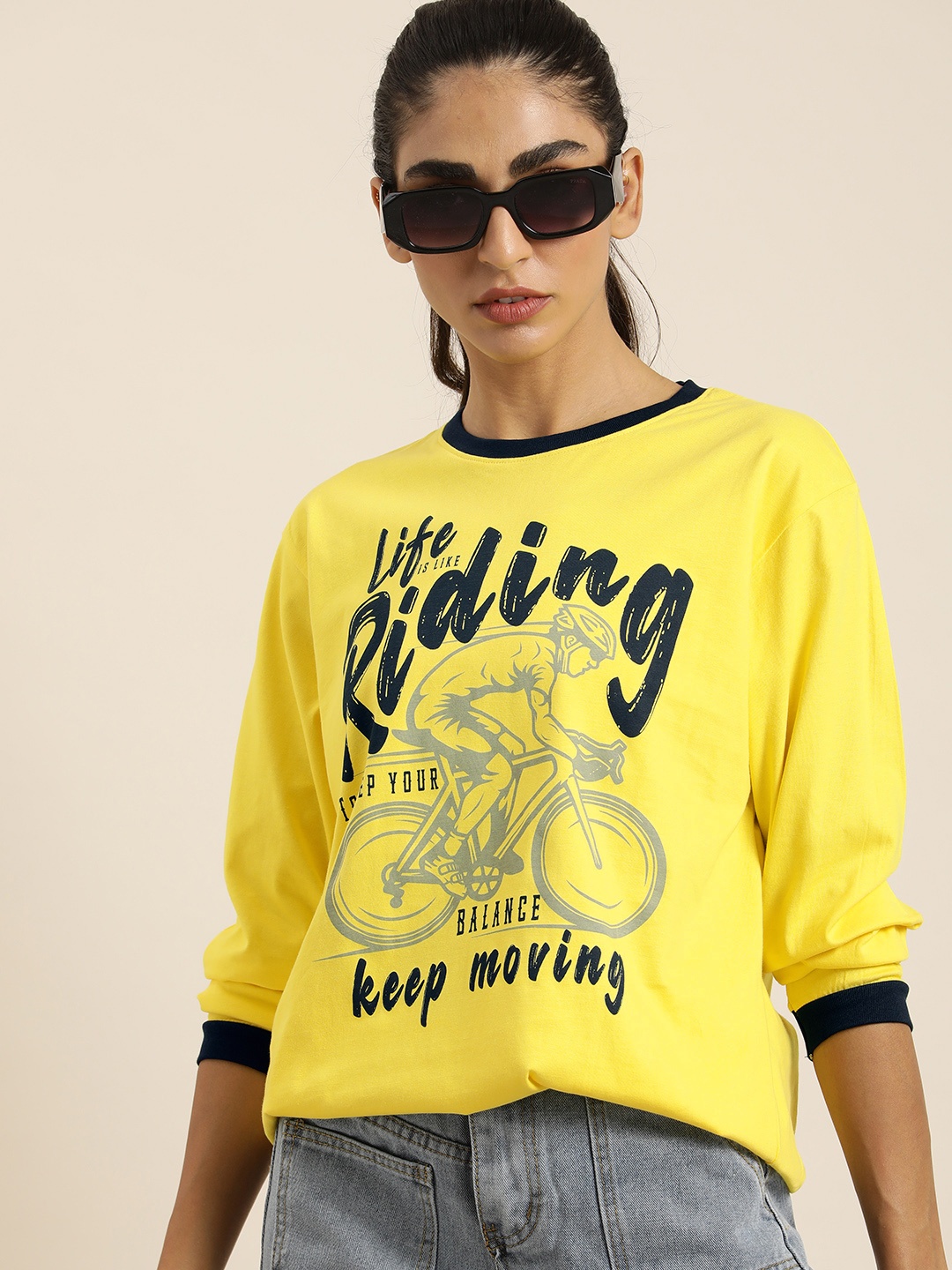 

DILLINGER Women Yellow & Black Printed Pure Cotton Loose T-shirt