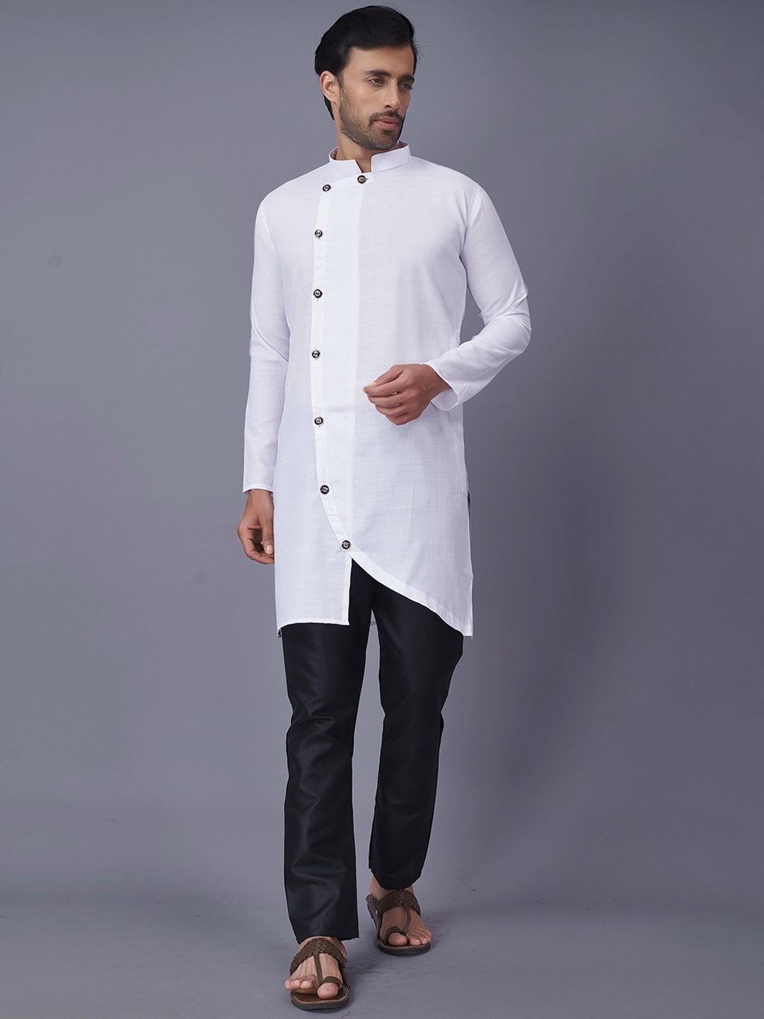 

Fashion FRICKS Men White Angrakha Kurti with Pyjamas