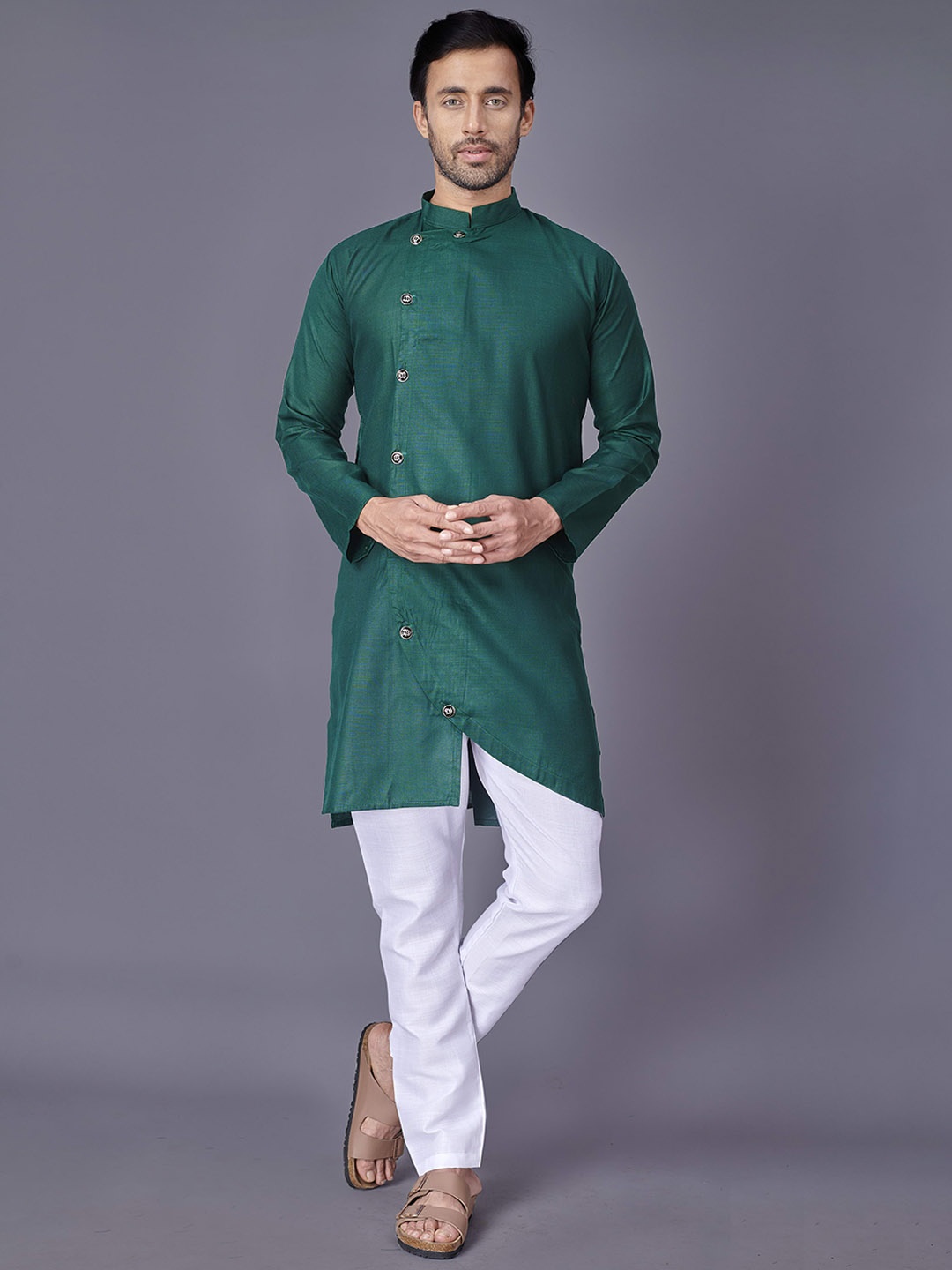 

Fashion FRICKS Men Green Angrakha Top with Pyjamas