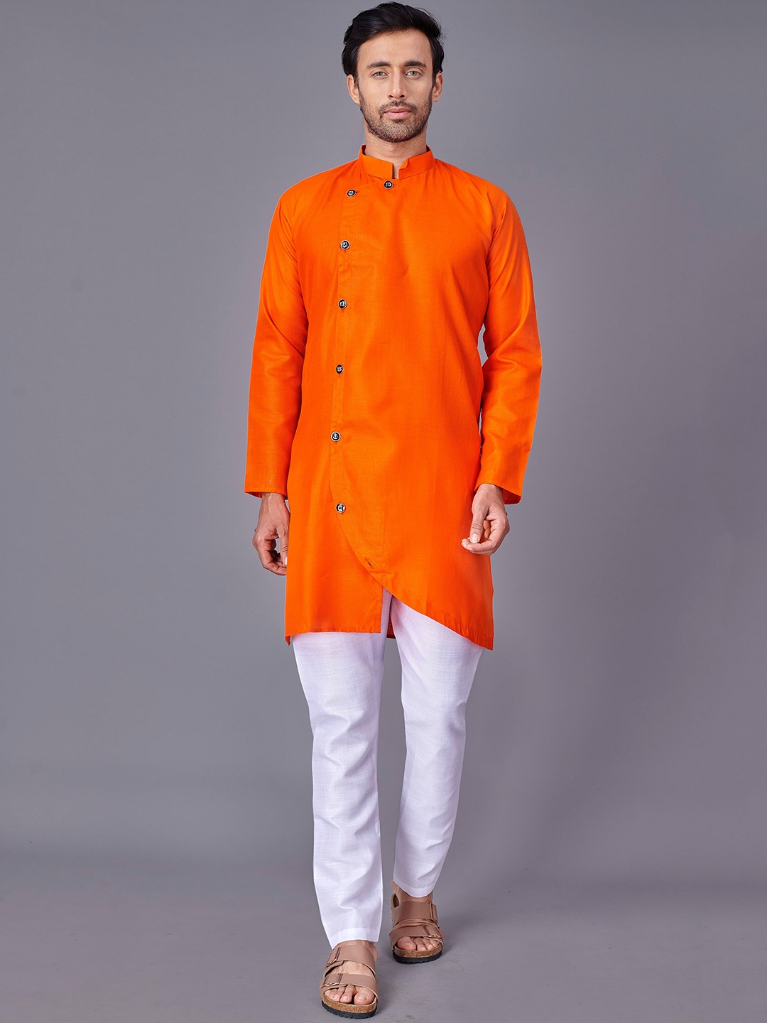 

Fashion FRICKS Men Orange Angrakha Kurta with Pyjamas