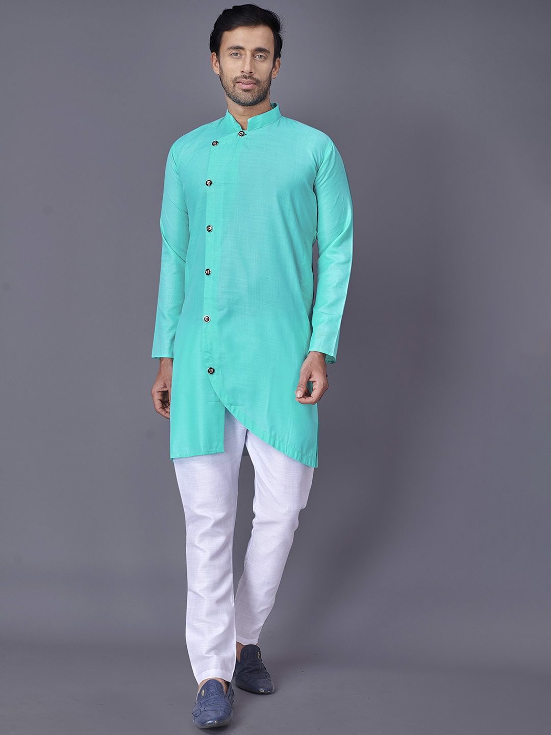 

Fashion FRICKS Men Blue Embroidered Angrakha Kurta with Pyjamas Kurta Set