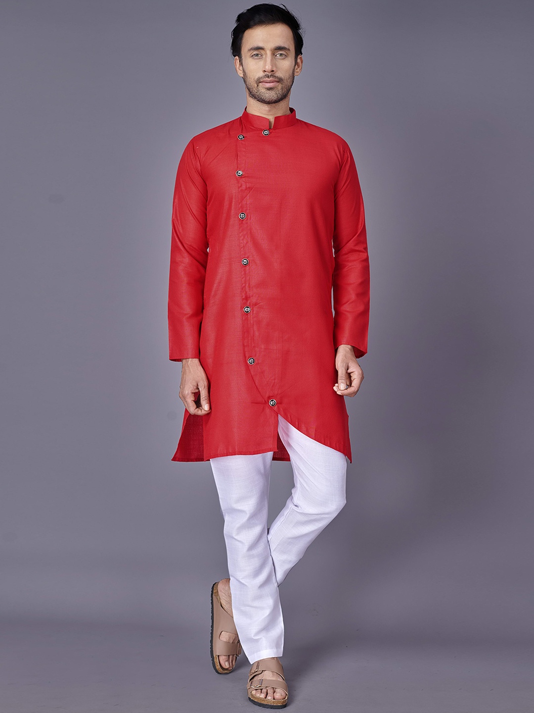 

Fashion FRICKS Men Red Angrakha Kurta with Pyjamas