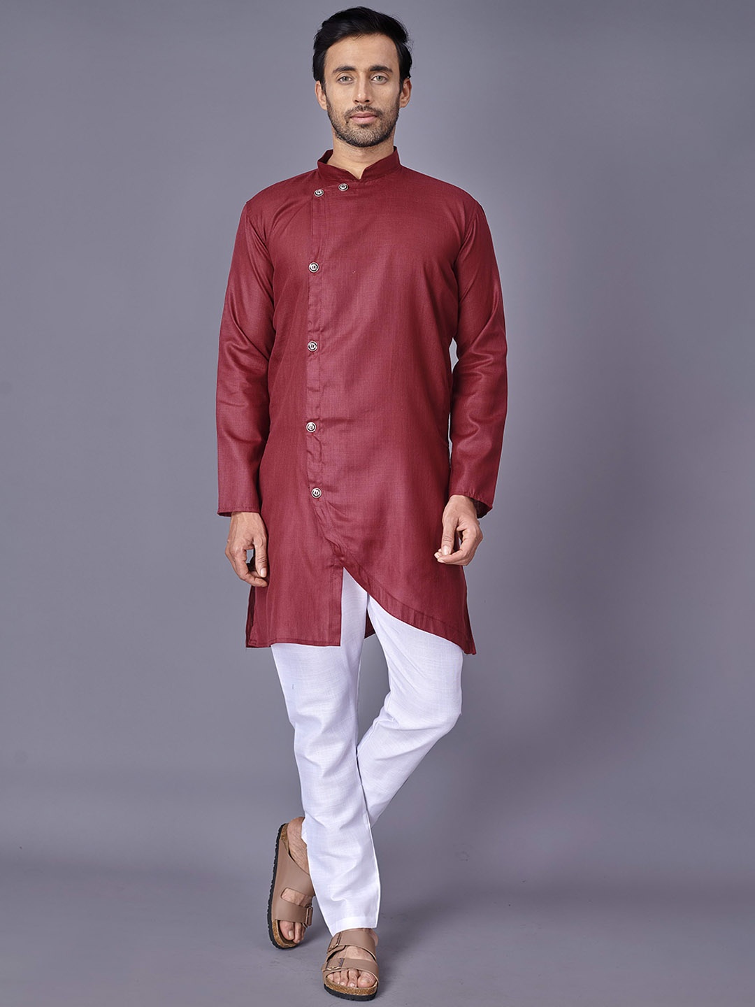 

Fashion FRICKS Men Maroon Angrakha Kurta with Pyjamas