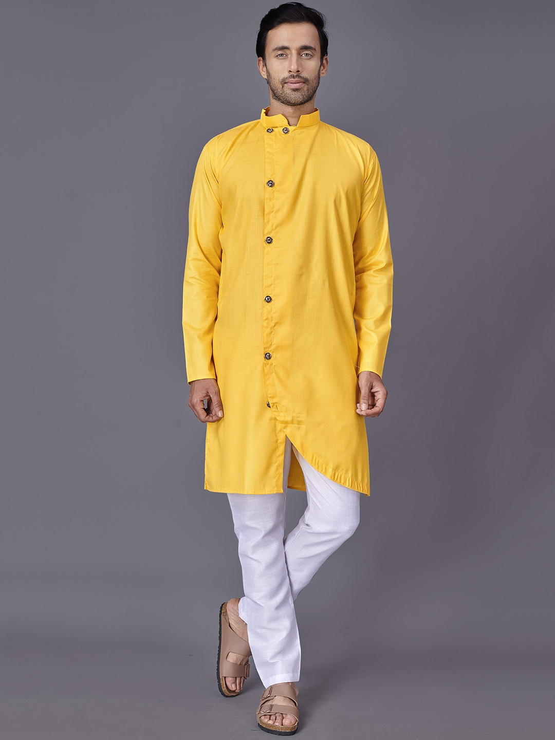 

Fashion FRICKS Men's Yellow Angrakha Kurta With Pyjamas