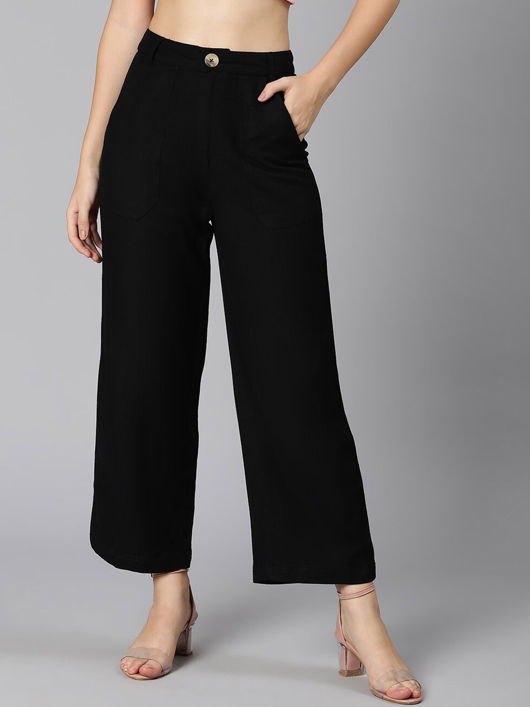

Oxolloxo Women Mid-Rise Solid Elasticated Buttoned Linen Cotton Wide Leg Pant, Black
